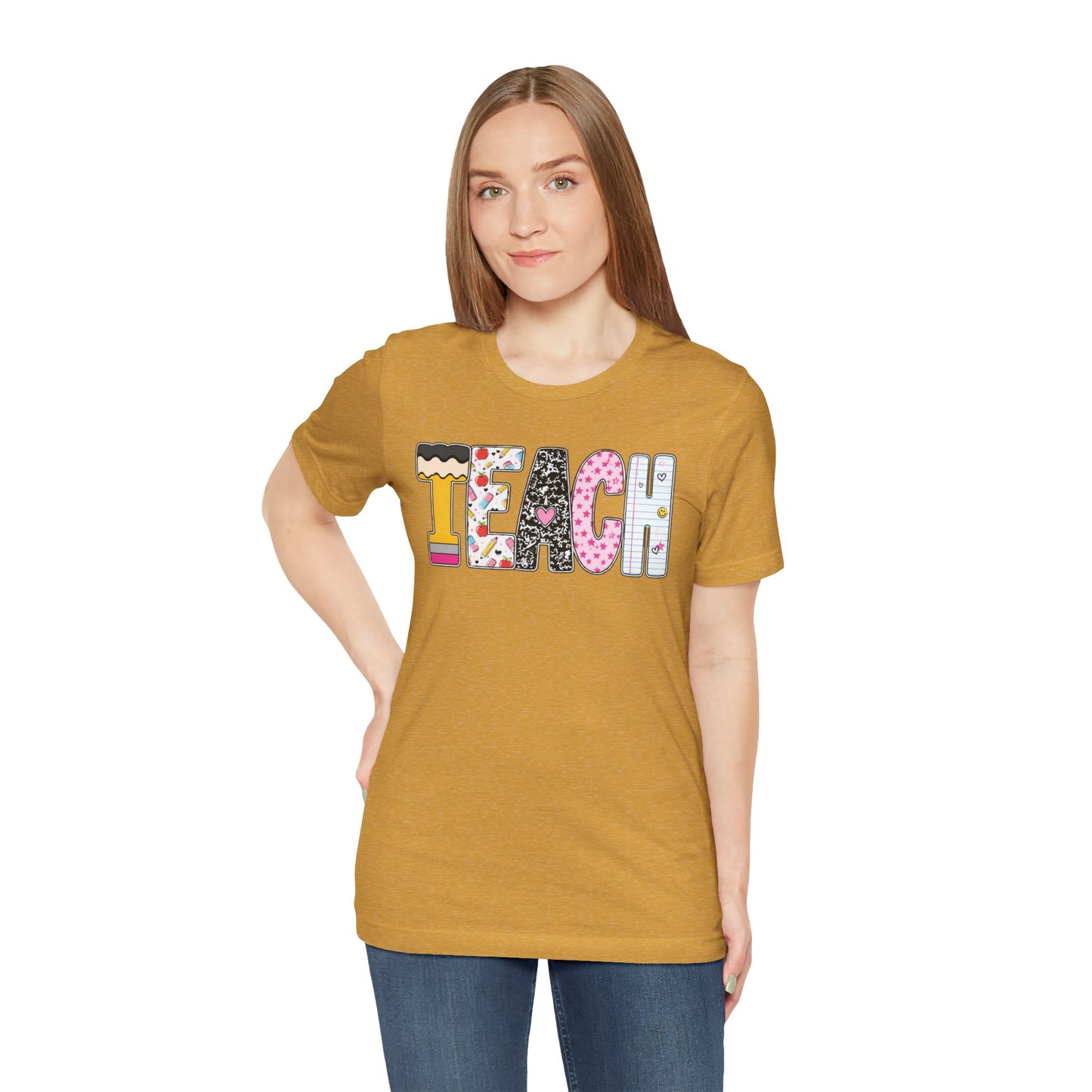 Teach Colorblock Graphic Tee – Cute Patterned Teacher T-Shirt