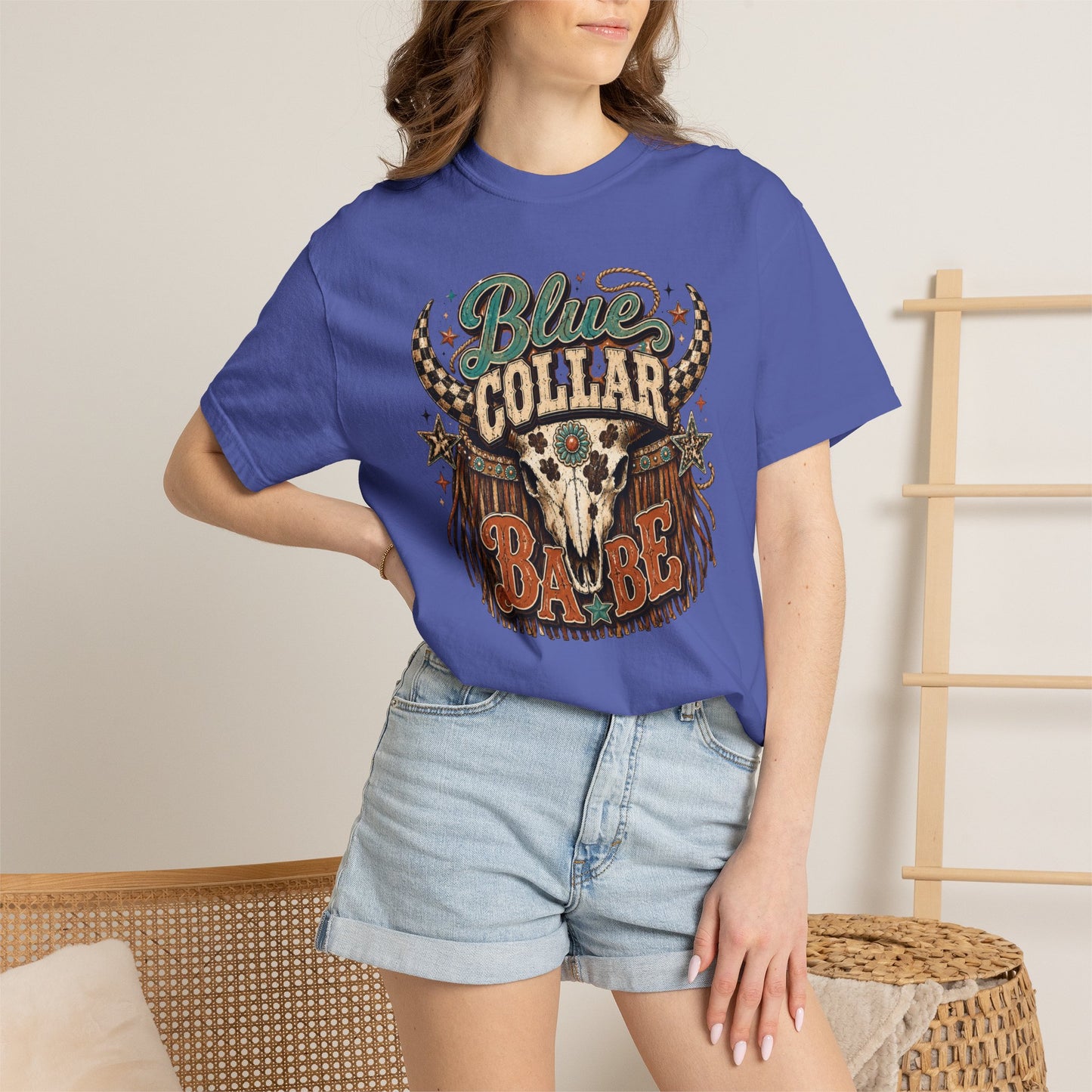 Blue Collar Babe Graphic T-Shirt — Western Skull Cowgirl Tee