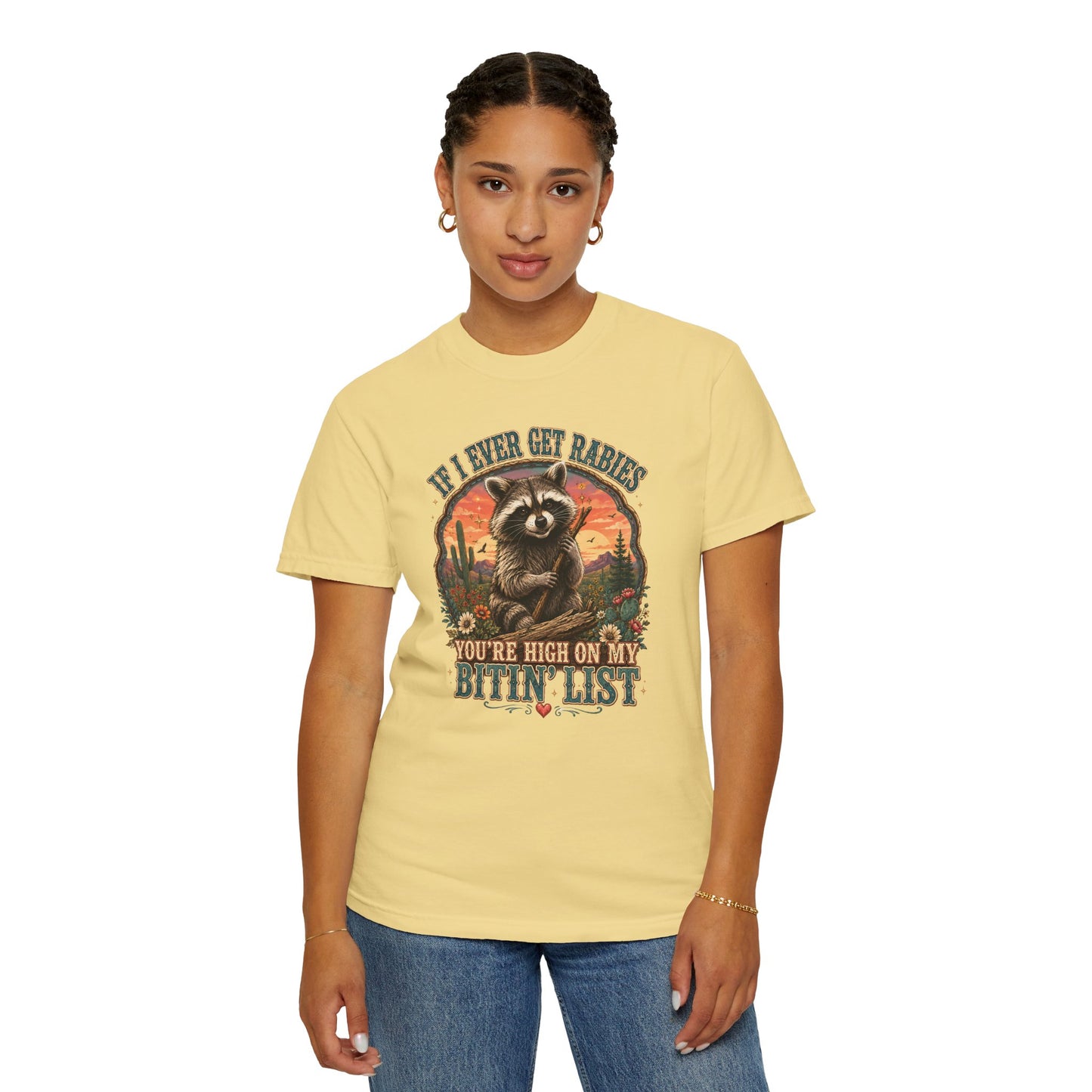 Raccoon Sunset T‑Shirt — “If I Ever Get Riches You’re High On My Bitin’ List” Funny Retro Graphic Tee