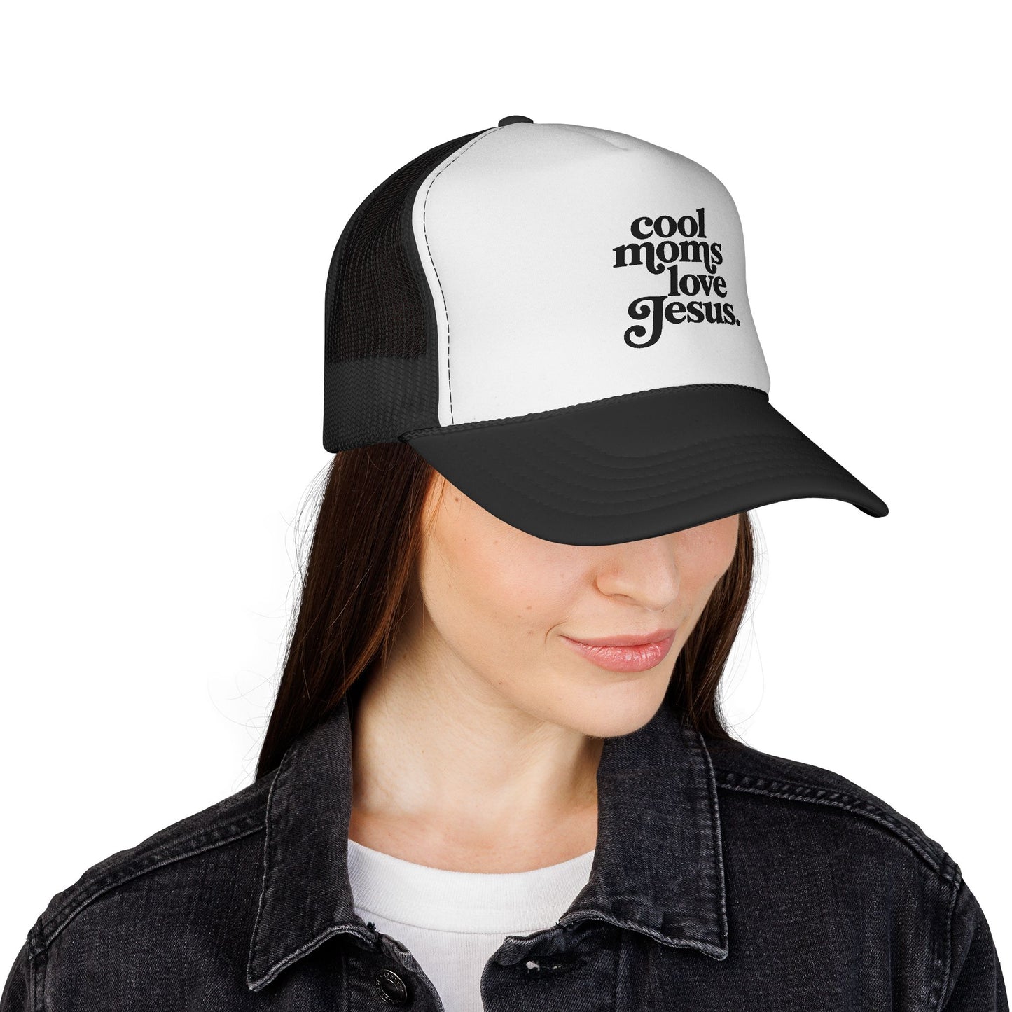 Trucker Cap — "Cool Moms Love Jesus" Retro Script Faith Hat