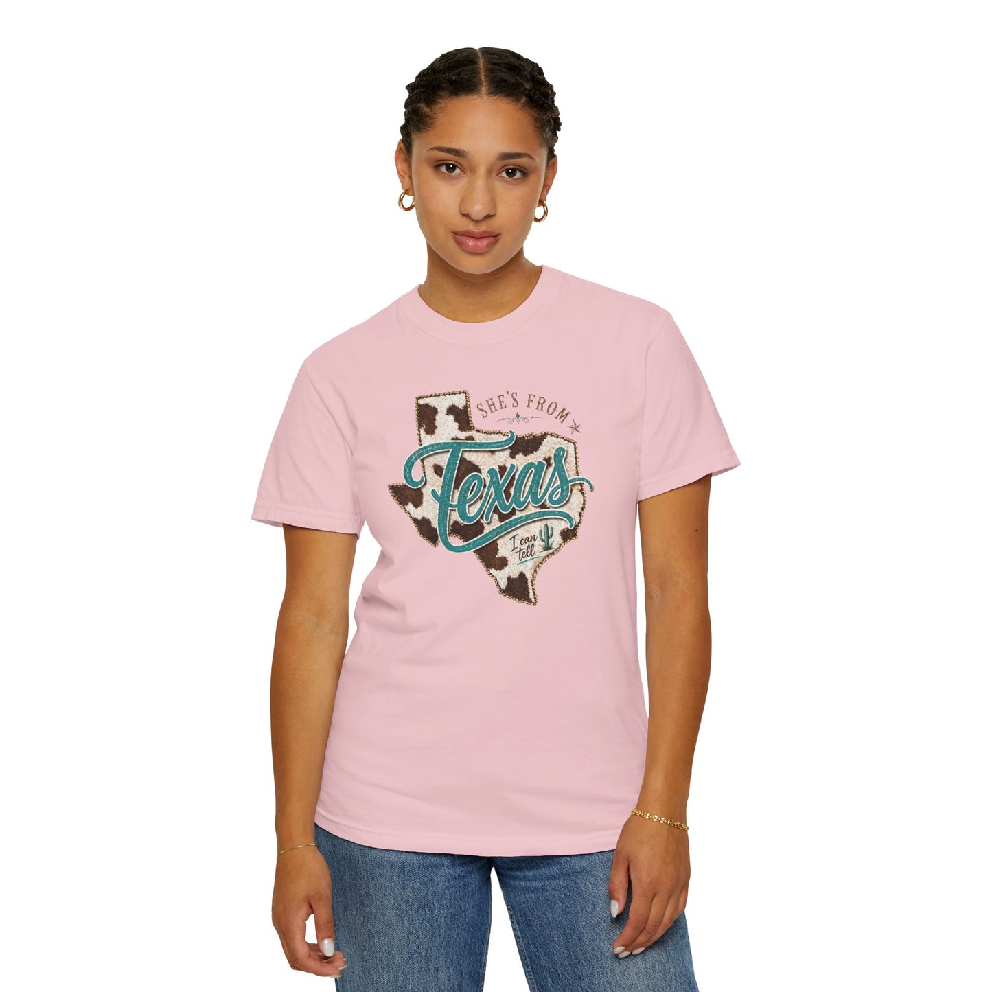 Texas Cowhide Graphic T-Shirt — "She's From Texas" Retro Western Tee