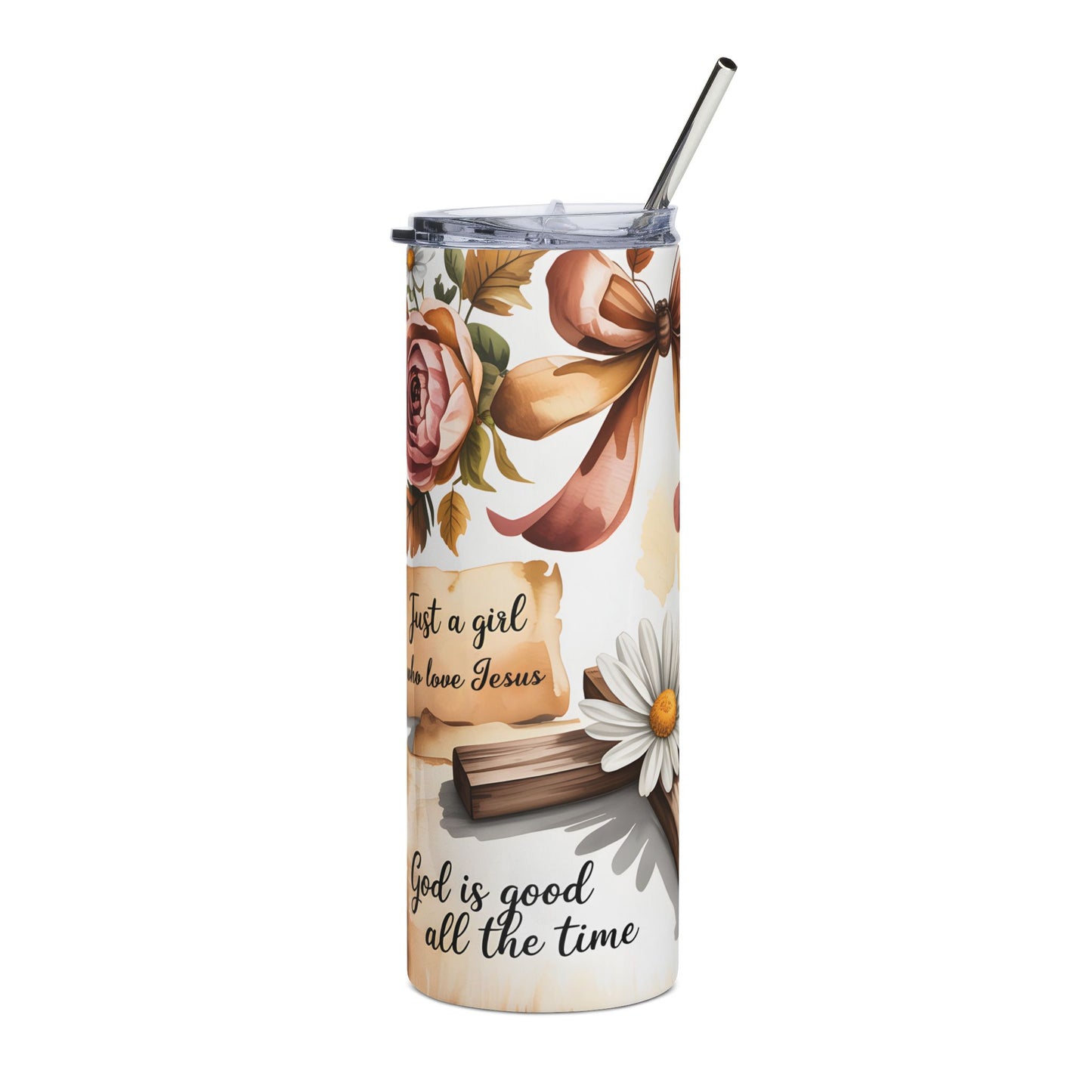20oz Stainless Steel Tumbler – Floral Cross Christian Scripture "God is good all the time"