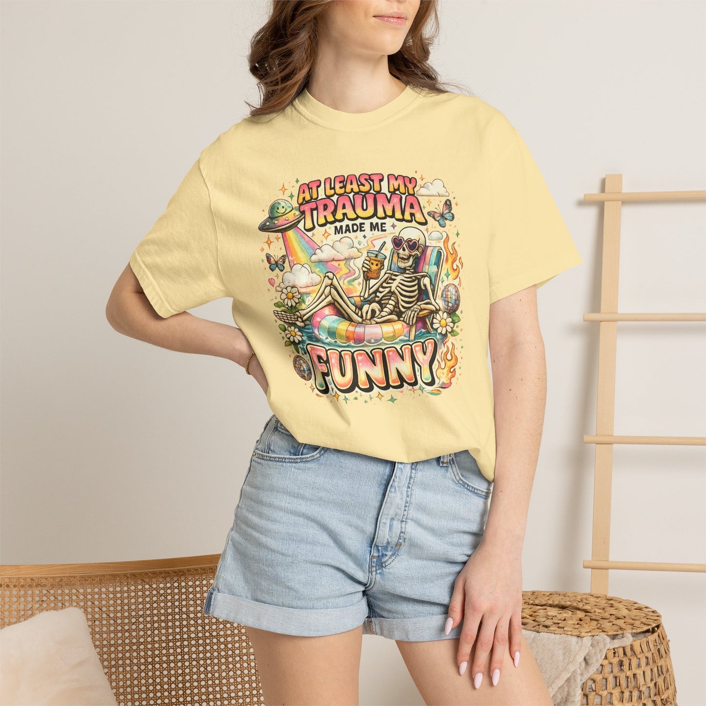 Funny Skeleton Graphic T-Shirt — "At Least My Trauma Made Me Funny"