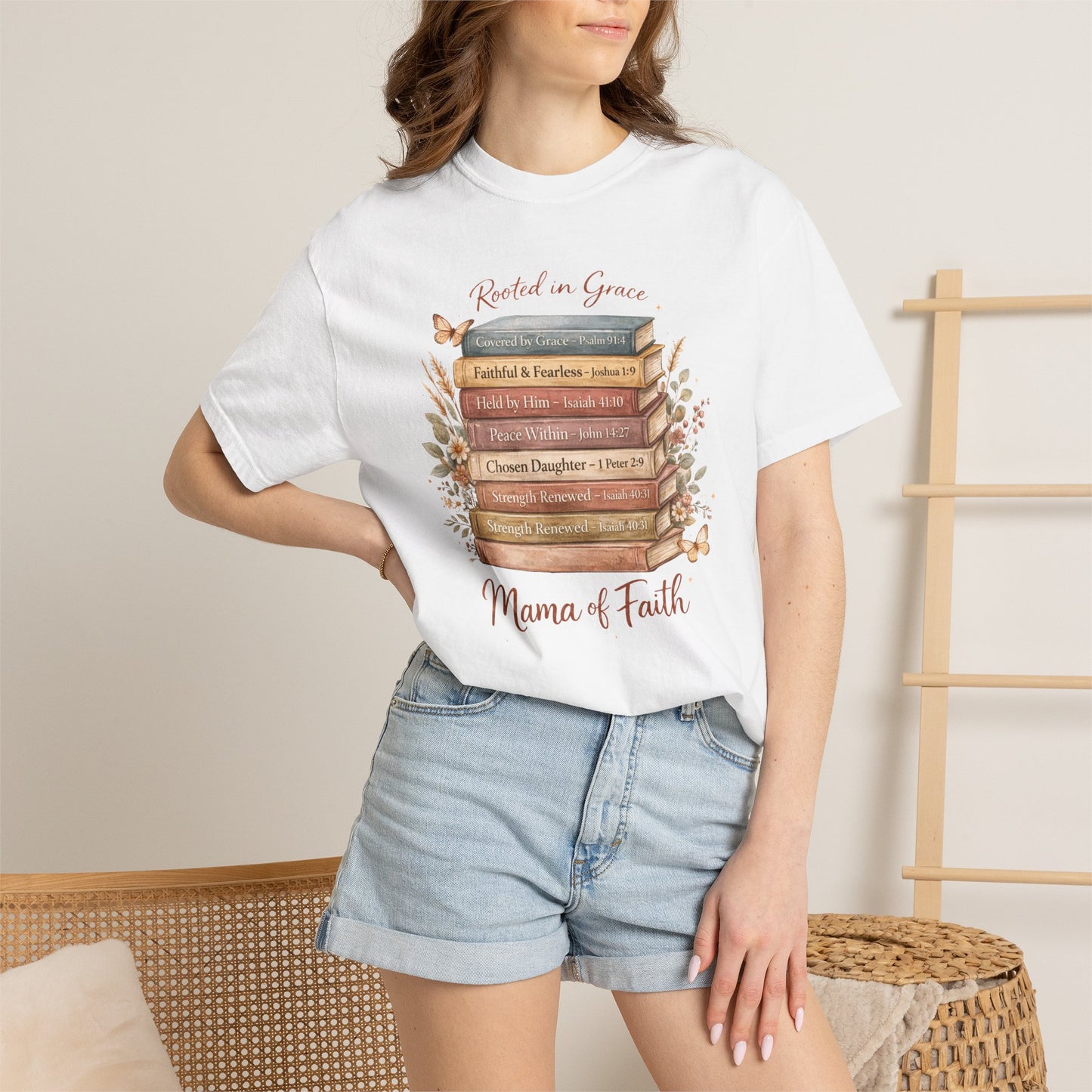 Mama of Faith Book Stack T‑Shirt — Rooted in Grace Christian Mother's Tee