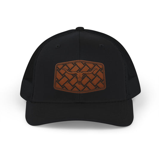 Brown Woven Leather Patch Trucker Cap