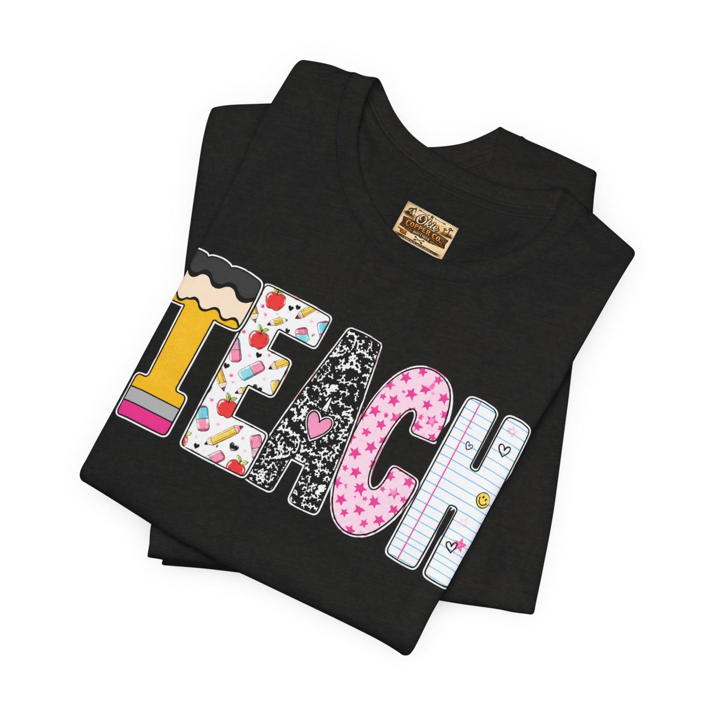 Teach Colorblock Graphic Tee – Cute Patterned Teacher T-Shirt