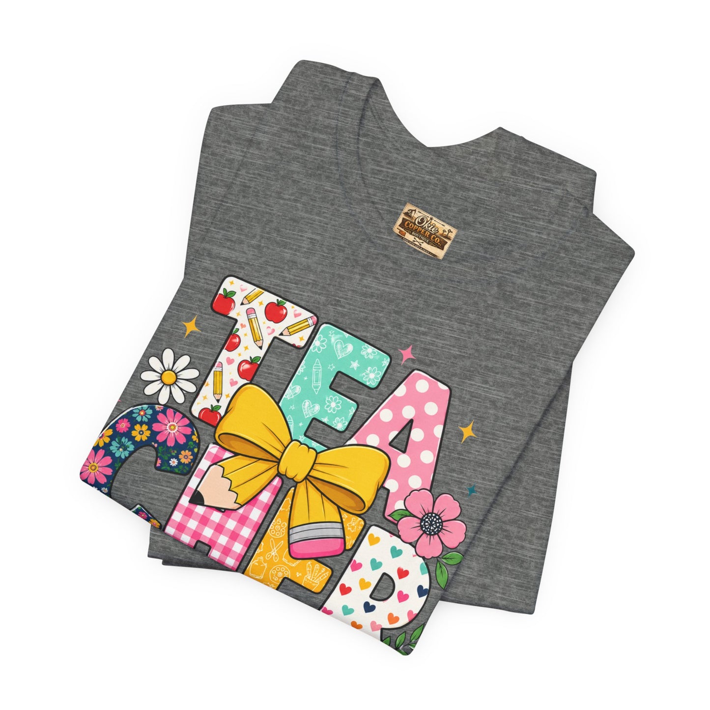 Teacher Floral Bow T-Shirt — Cute 'Teach er' Colorful School Shirt for Teachers