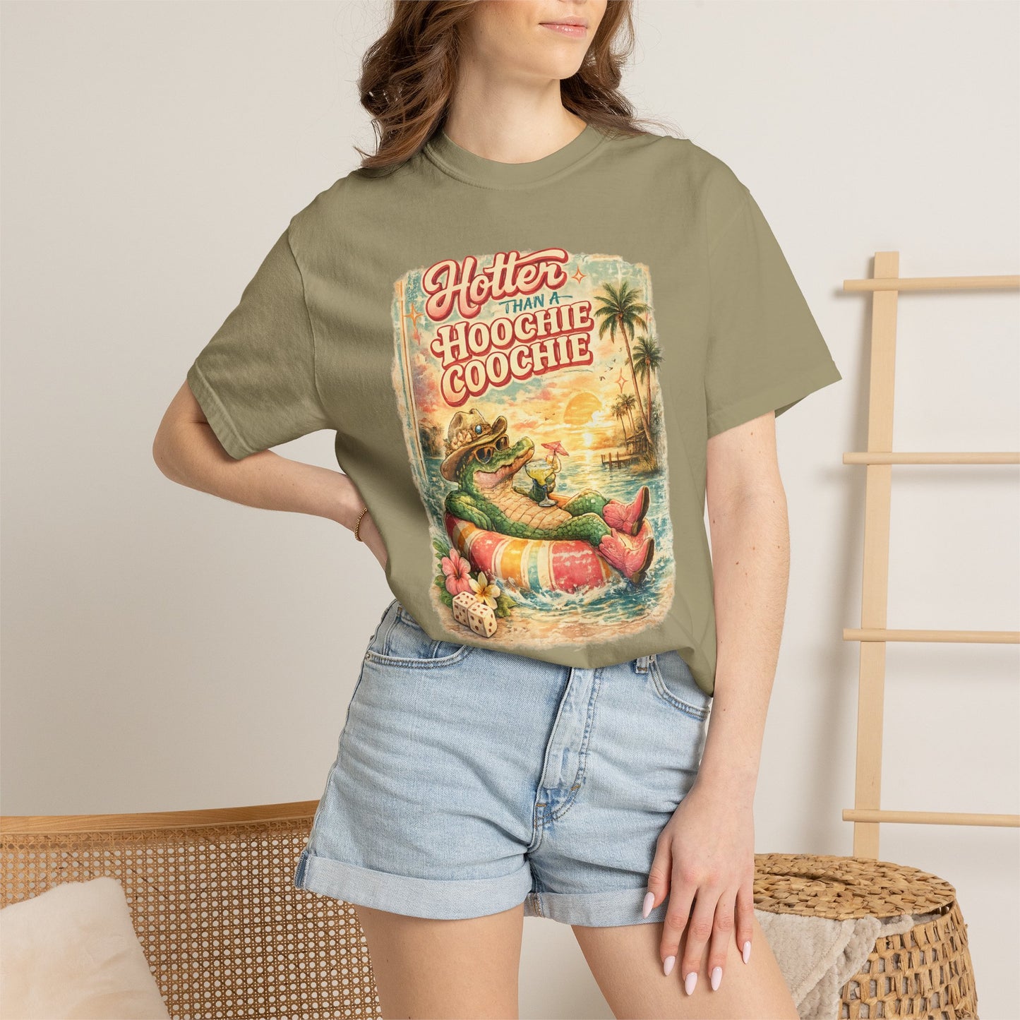 "Hotter Than a Hoochie Coochie" Retro Alligator Beach Graphic