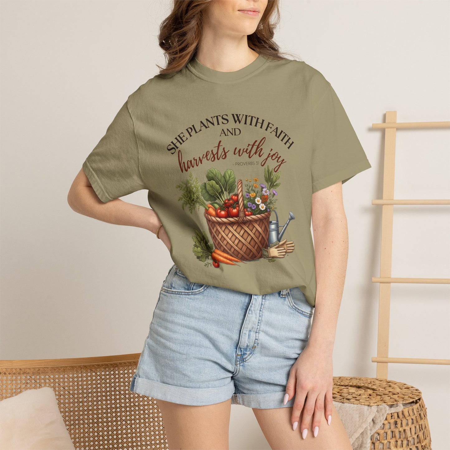 She Plants With Faith Garden T‑Shirt — Harvests With Joy Floral Basket Tee