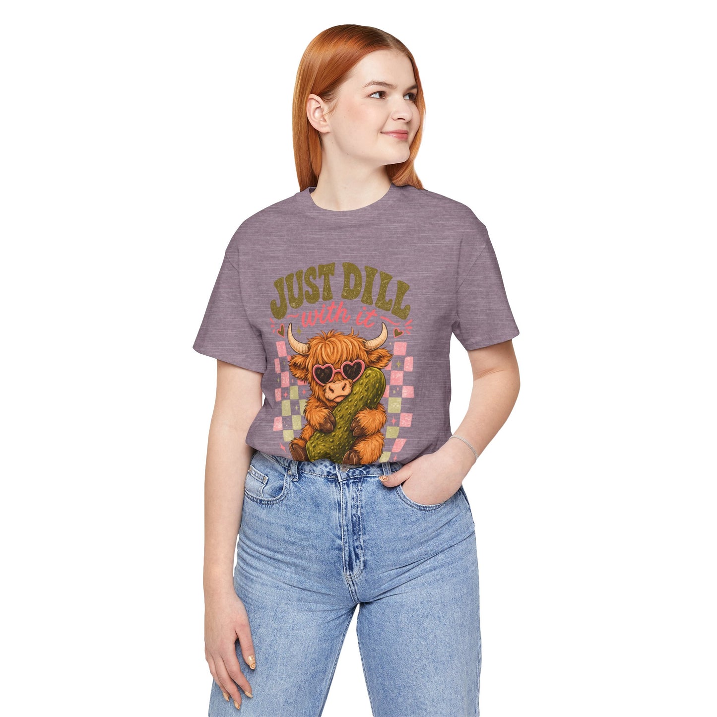 Just Dill With It Tee — Cute Highland Cow Hugging Pickle Graphic T‑Shirt