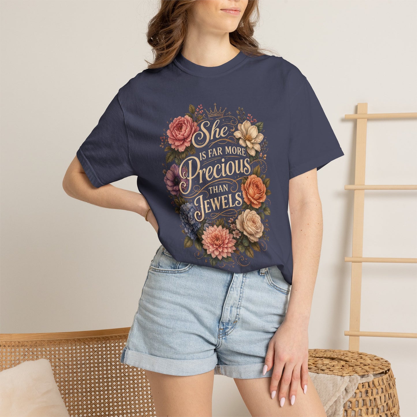 T-Shirt — “She Is Far More Precious Than Jewels” Floral Inspirational Tee