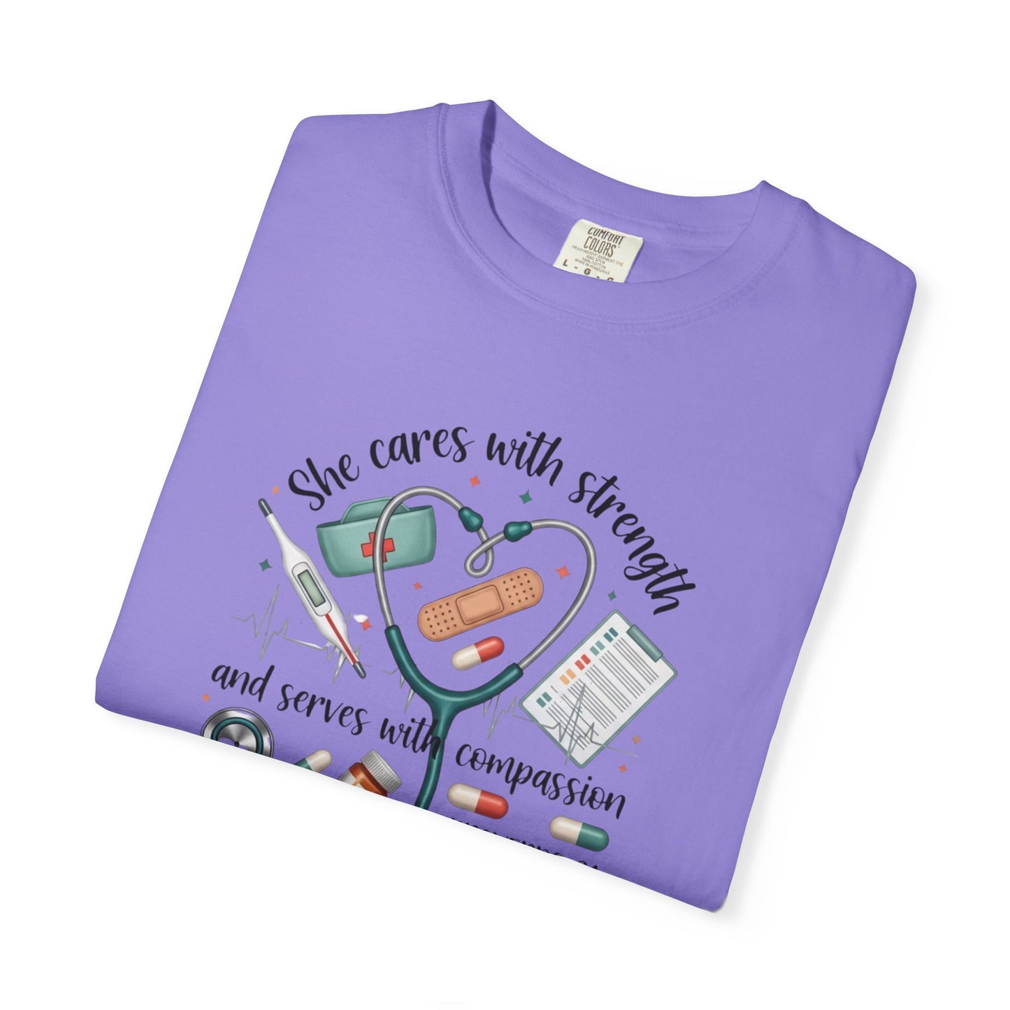 Nurse Heartbeat Graphic T-Shirt — "She Cares with Strength" Psalm 31 Christian Tee