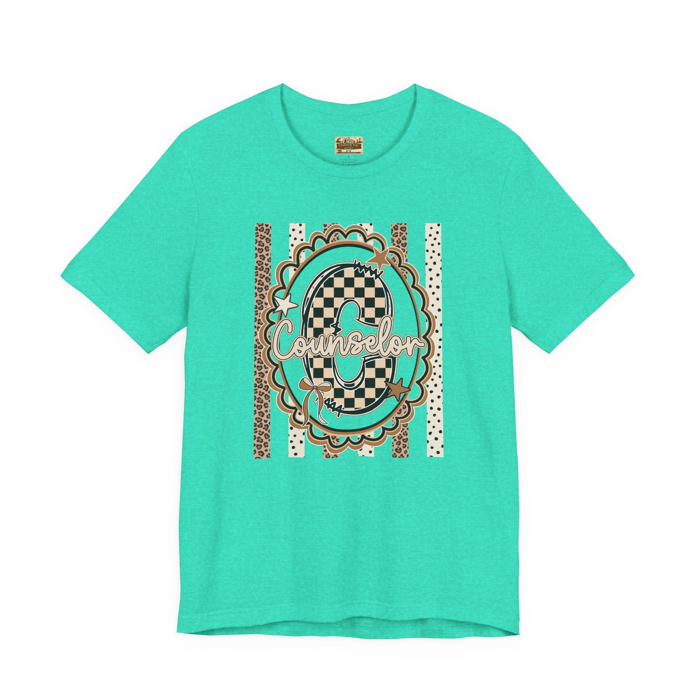 Counselor Tee — Retro Checkerboard & Leopard Print Graphic T-Shirt