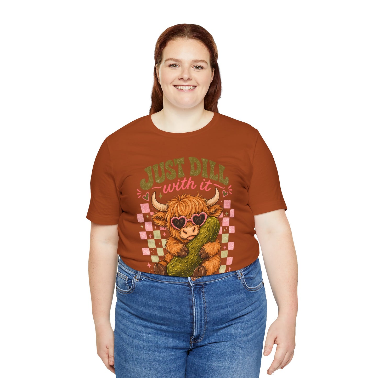 Just Dill With It Tee — Cute Highland Cow Hugging Pickle Graphic T‑Shirt
