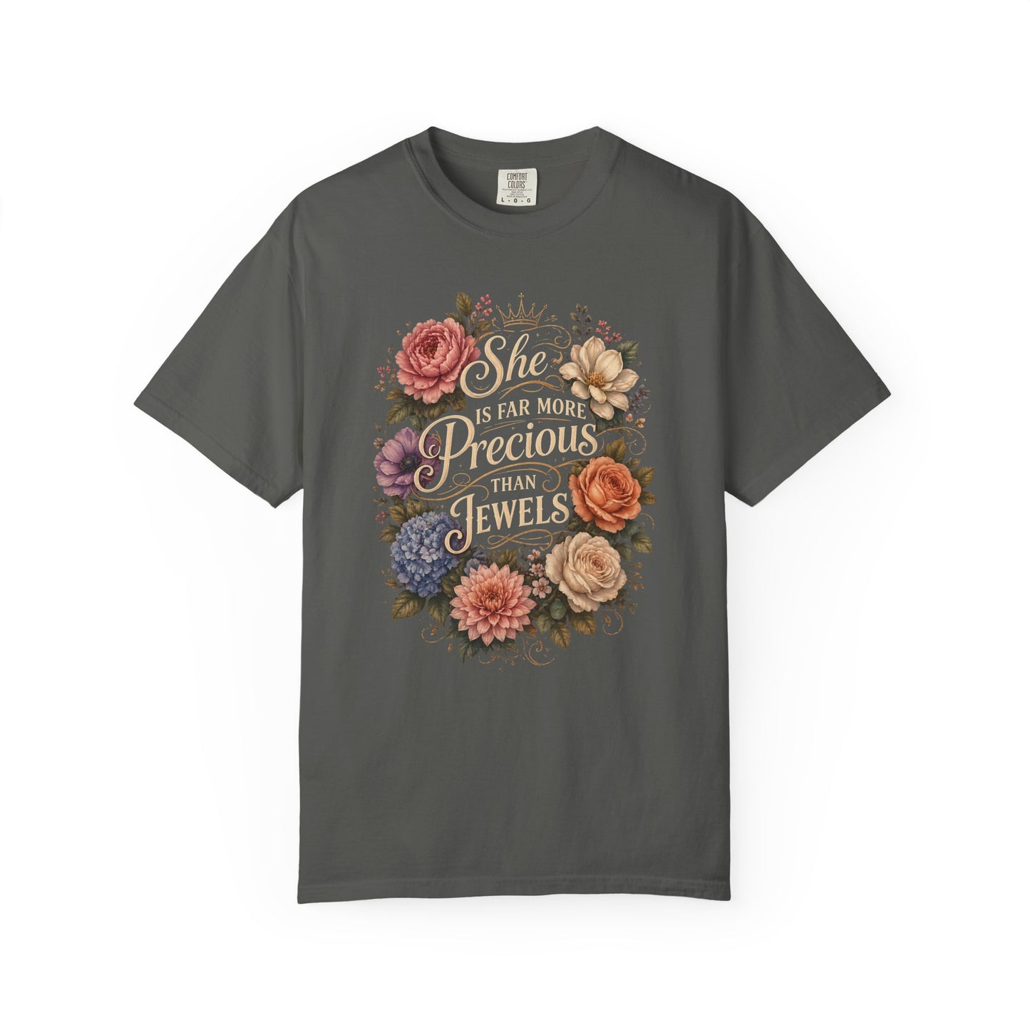 T-Shirt — “She Is Far More Precious Than Jewels” Floral Inspirational Tee