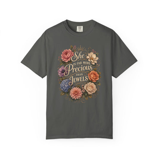 T-Shirt — “She Is Far More Precious Than Jewels” Floral Inspirational Tee