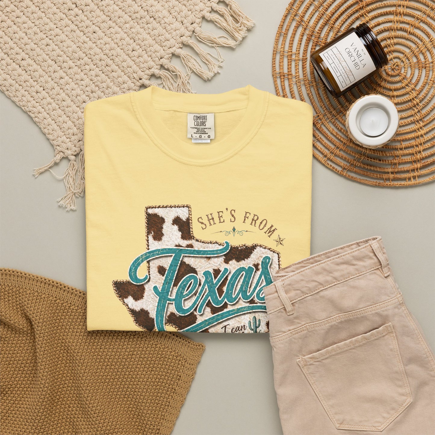 Texas Cowhide Graphic T-Shirt — "She's From Texas" Retro Western Tee