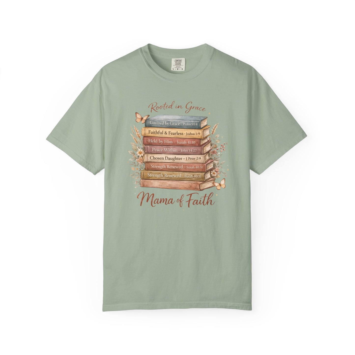 Mama of Faith Book Stack T‑Shirt — Rooted in Grace Christian Mother's Tee