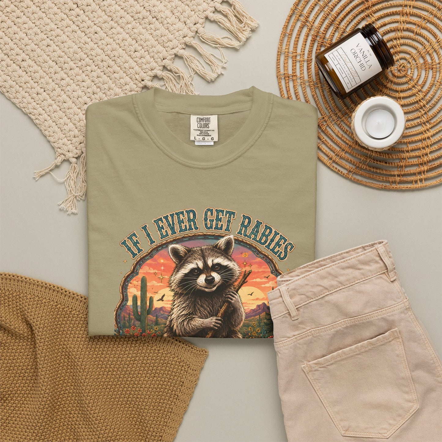 Raccoon Sunset T‑Shirt — “If I Ever Get Riches You’re High On My Bitin’ List” Funny Retro Graphic Tee