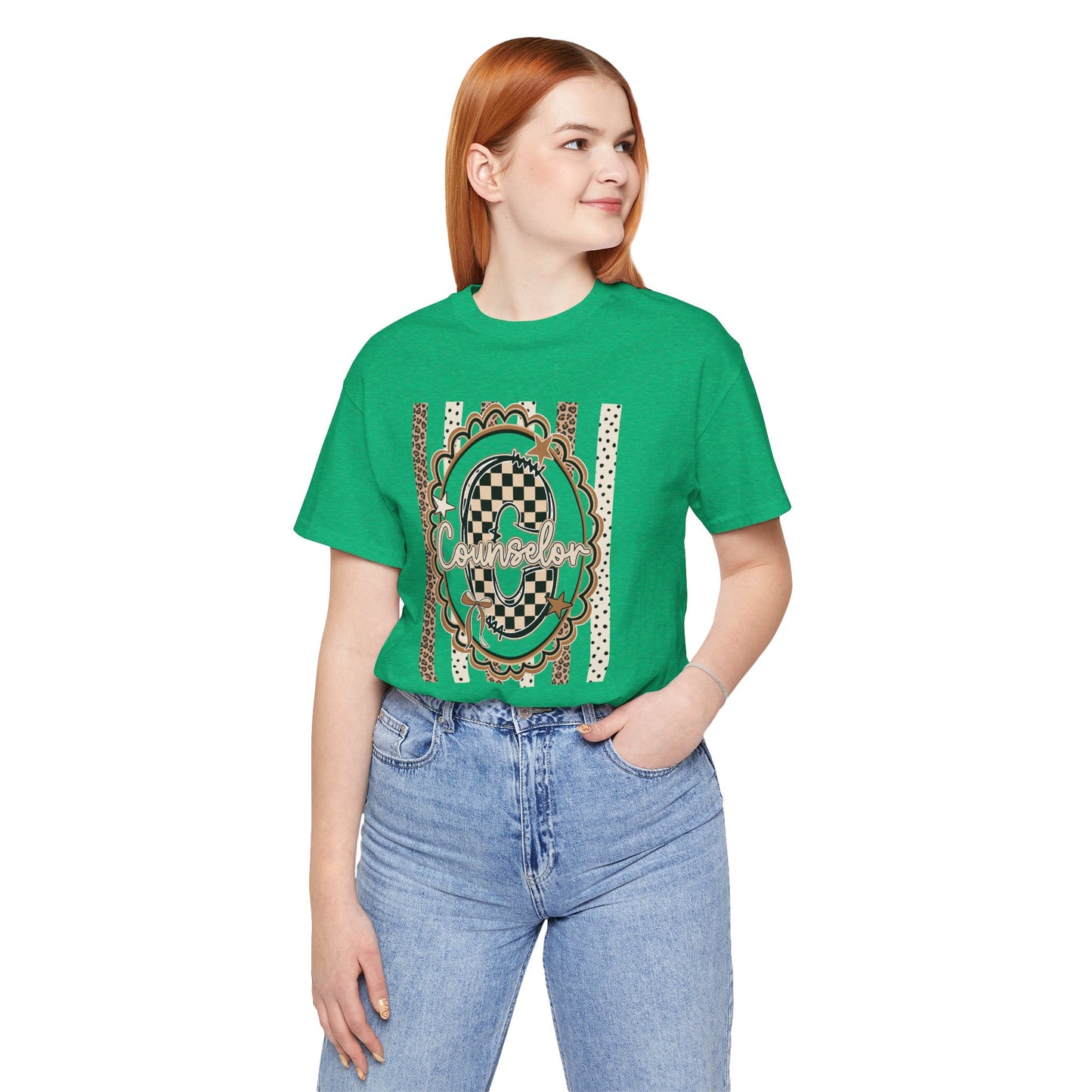 Counselor Tee — Retro Checkerboard & Leopard Print Graphic T-Shirt