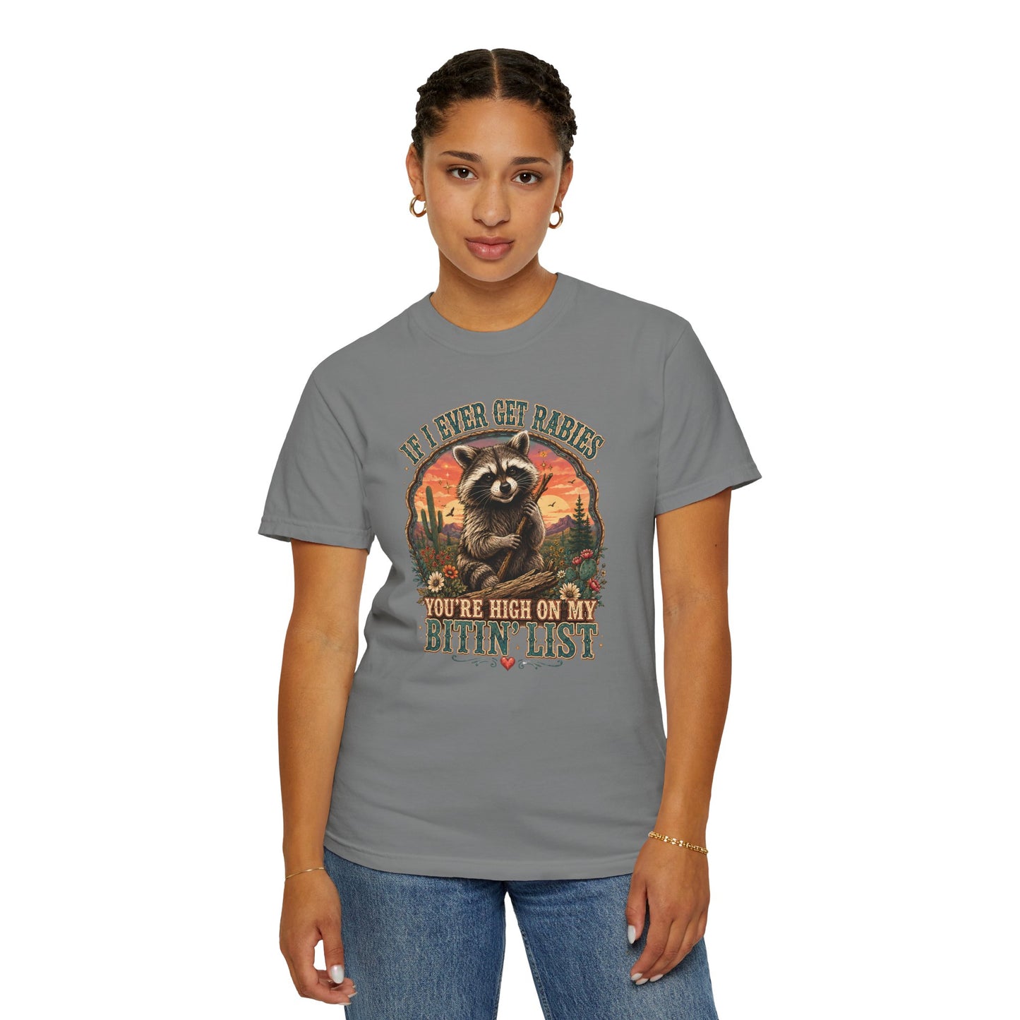 Raccoon Sunset T‑Shirt — “If I Ever Get Riches You’re High On My Bitin’ List” Funny Retro Graphic Tee