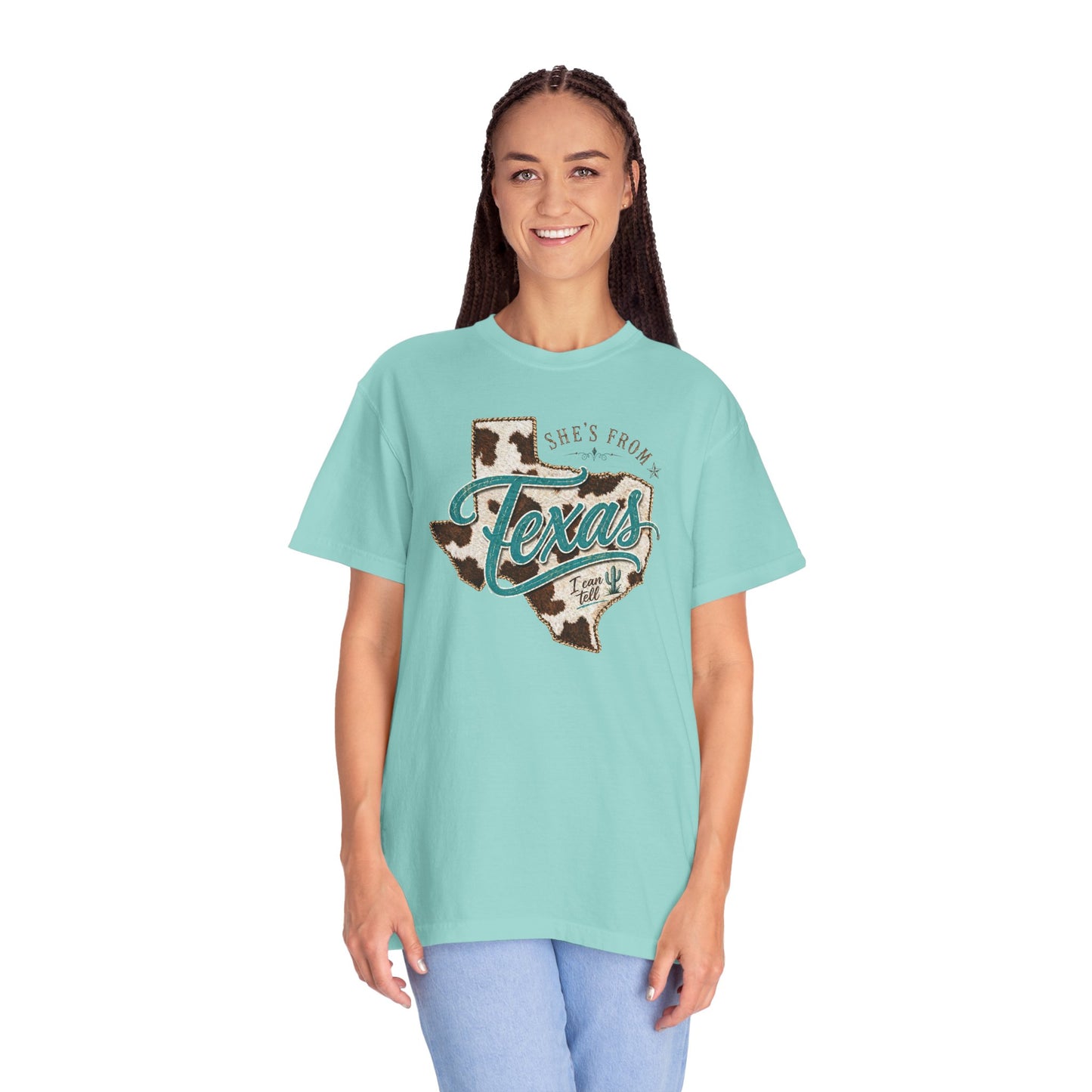 Texas Cowhide Graphic T-Shirt — "She's From Texas" Retro Western Tee