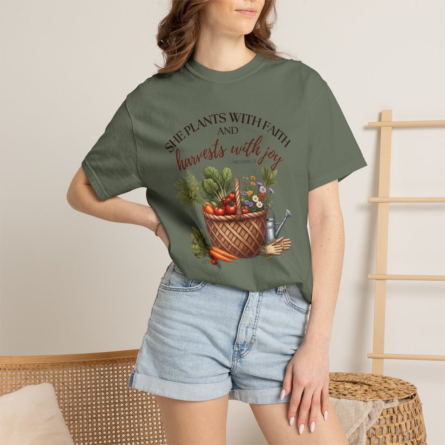 She Plants With Faith Garden T‑Shirt — Harvests With Joy Floral Basket Tee