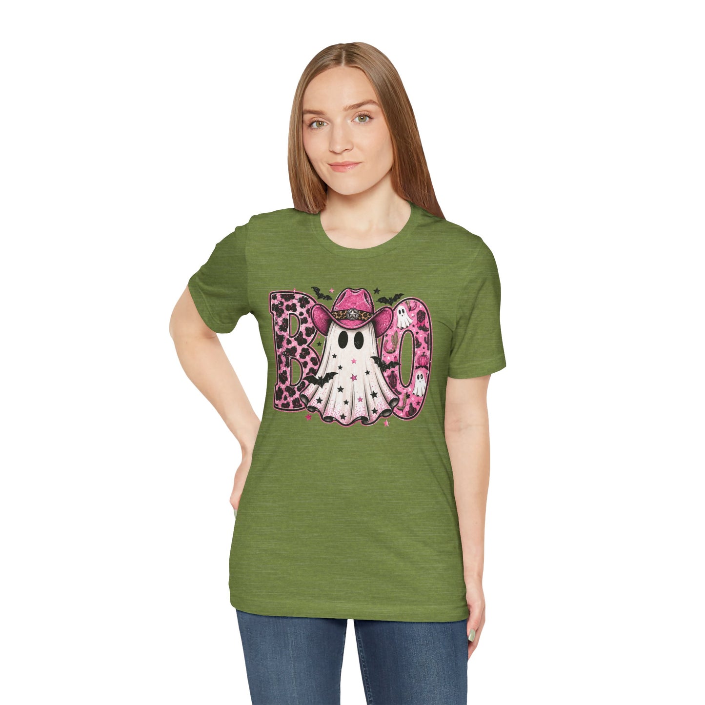 Boo Pink Leopard Ghost Tee — Cute Cowgirl Halloween T-Shirt
