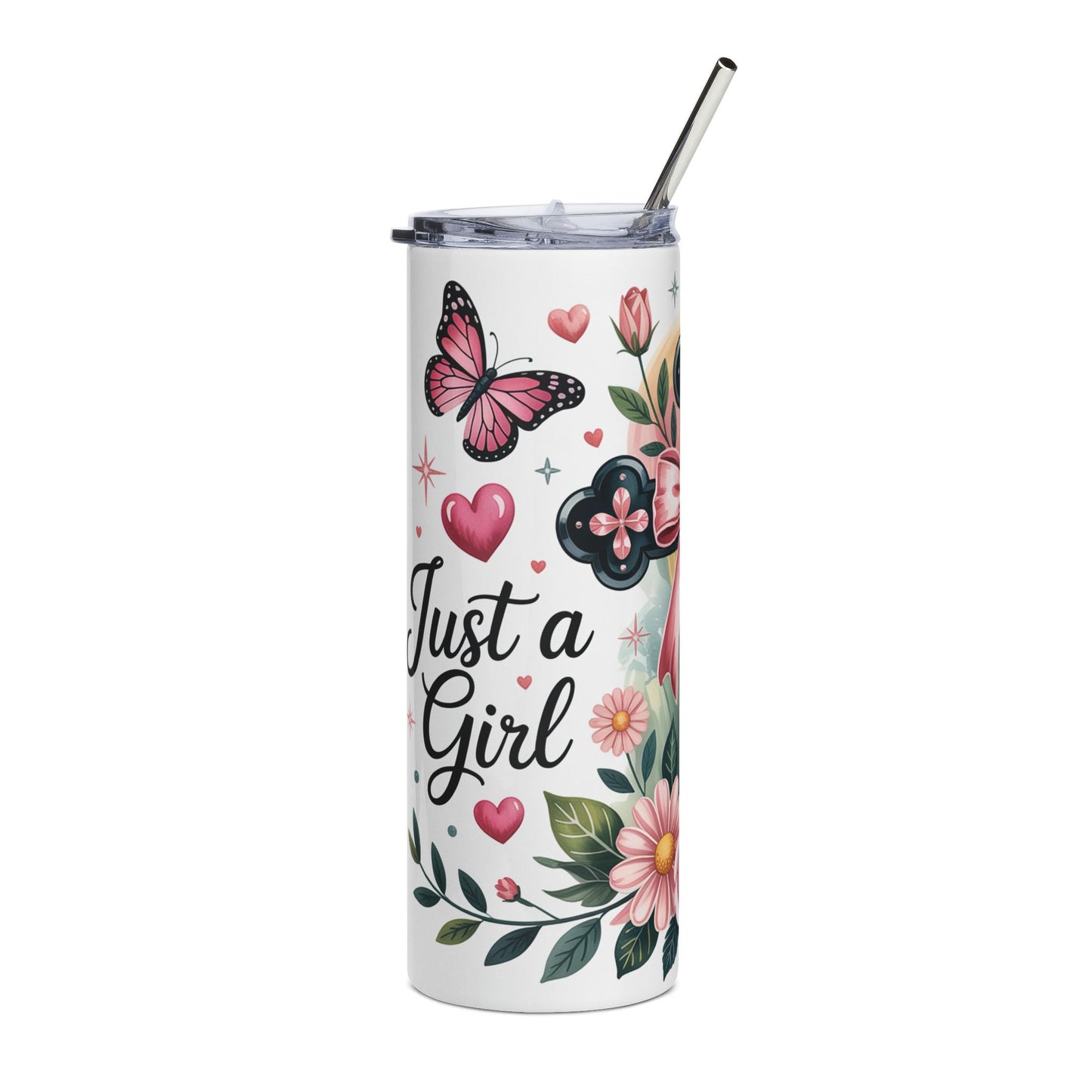 20oz Stainless Tumbler — 'Just a Girl' Floral Cross & Butterfly Design
