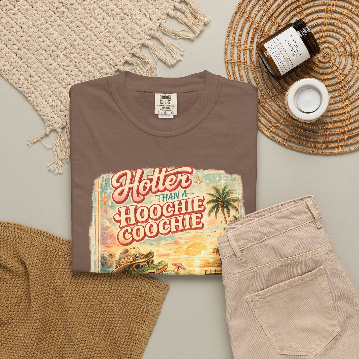 "Hotter Than a Hoochie Coochie" Retro Alligator Beach Graphic