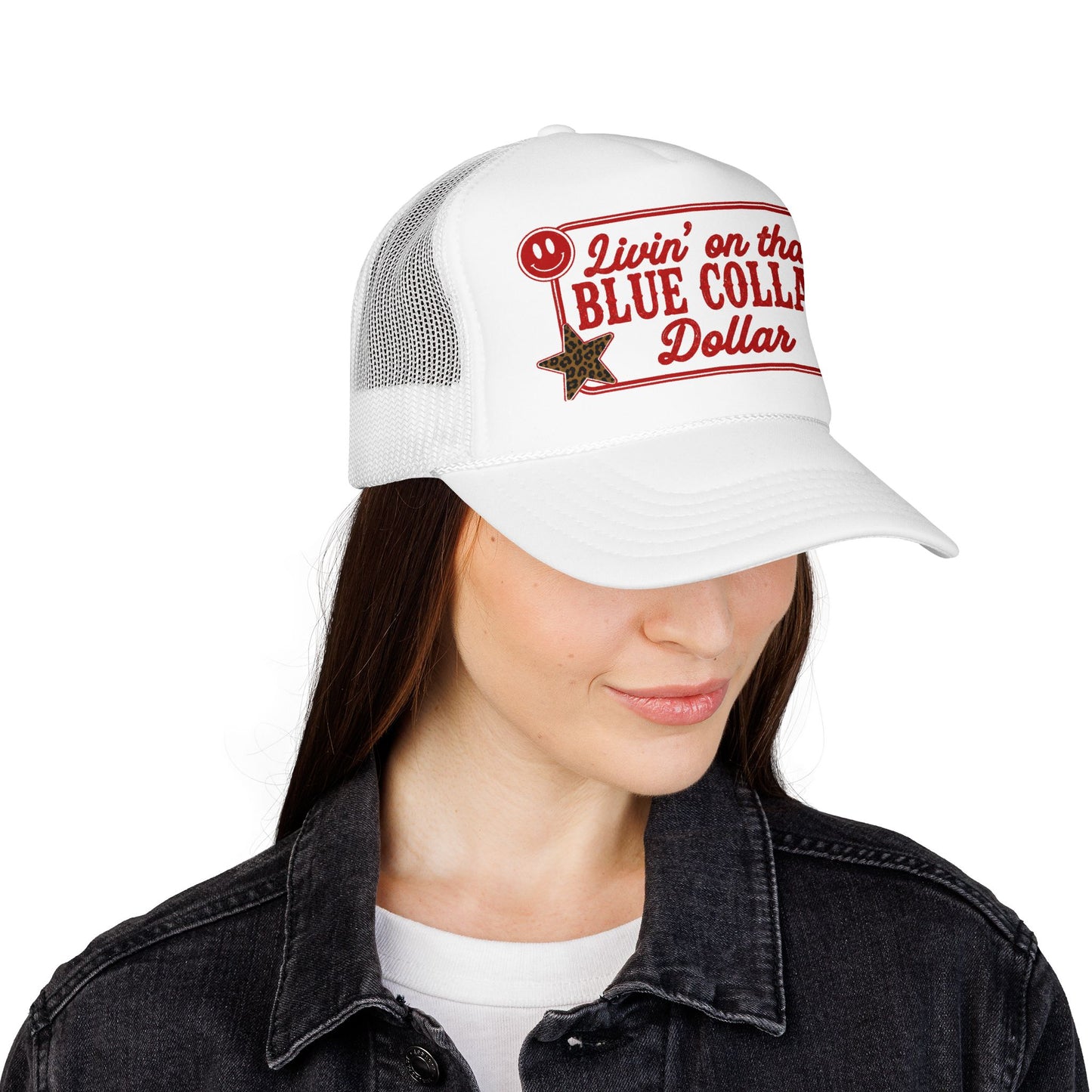 Livin' On That Blue Collar Dollar Foam Trucker Hat — Retro Workwear Cherry Patch