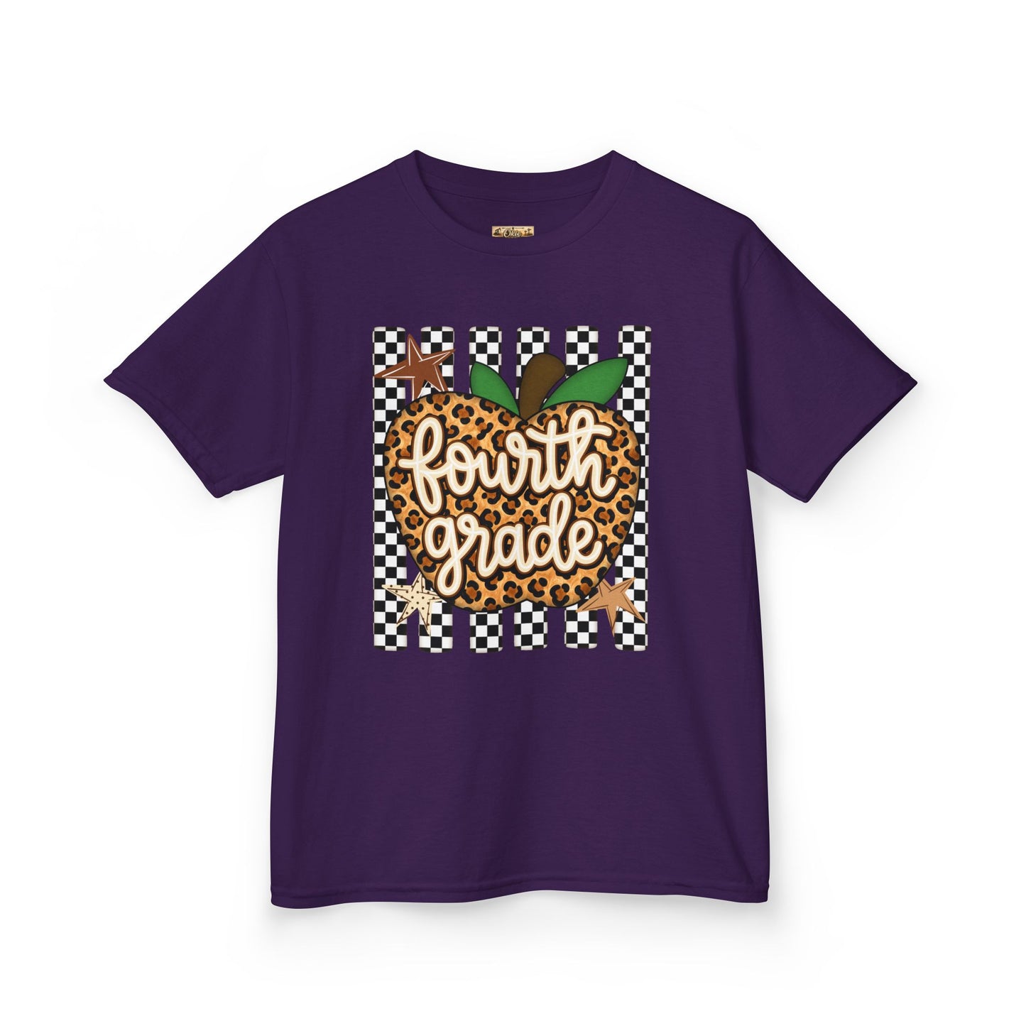Fourth Grade Apple Kids T‑Shirt — Leopard & Checkerboard Back-to-School Tee