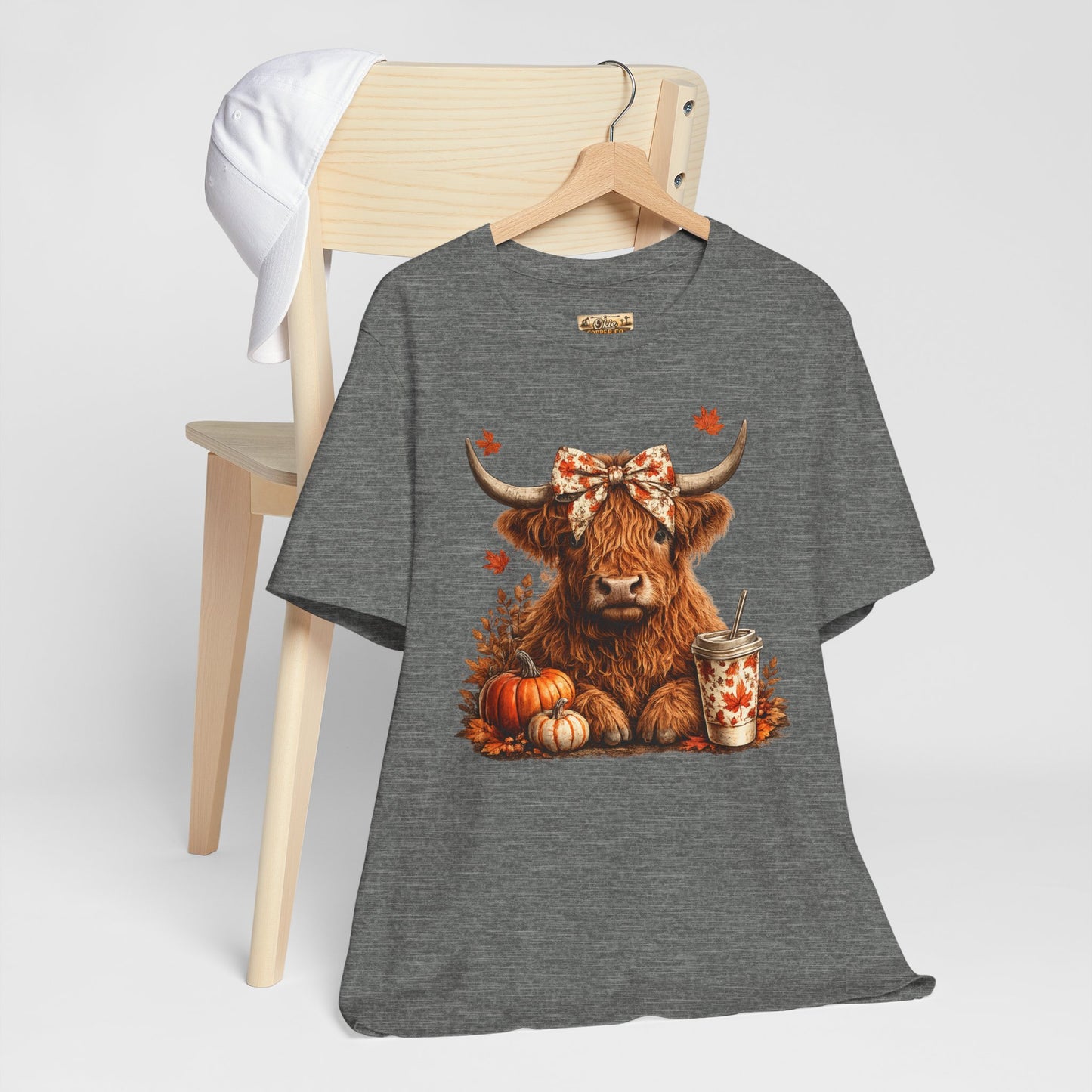 Autumn Highland Cow Tee — Fall Pumpkin Latte Graphic T-Shirt