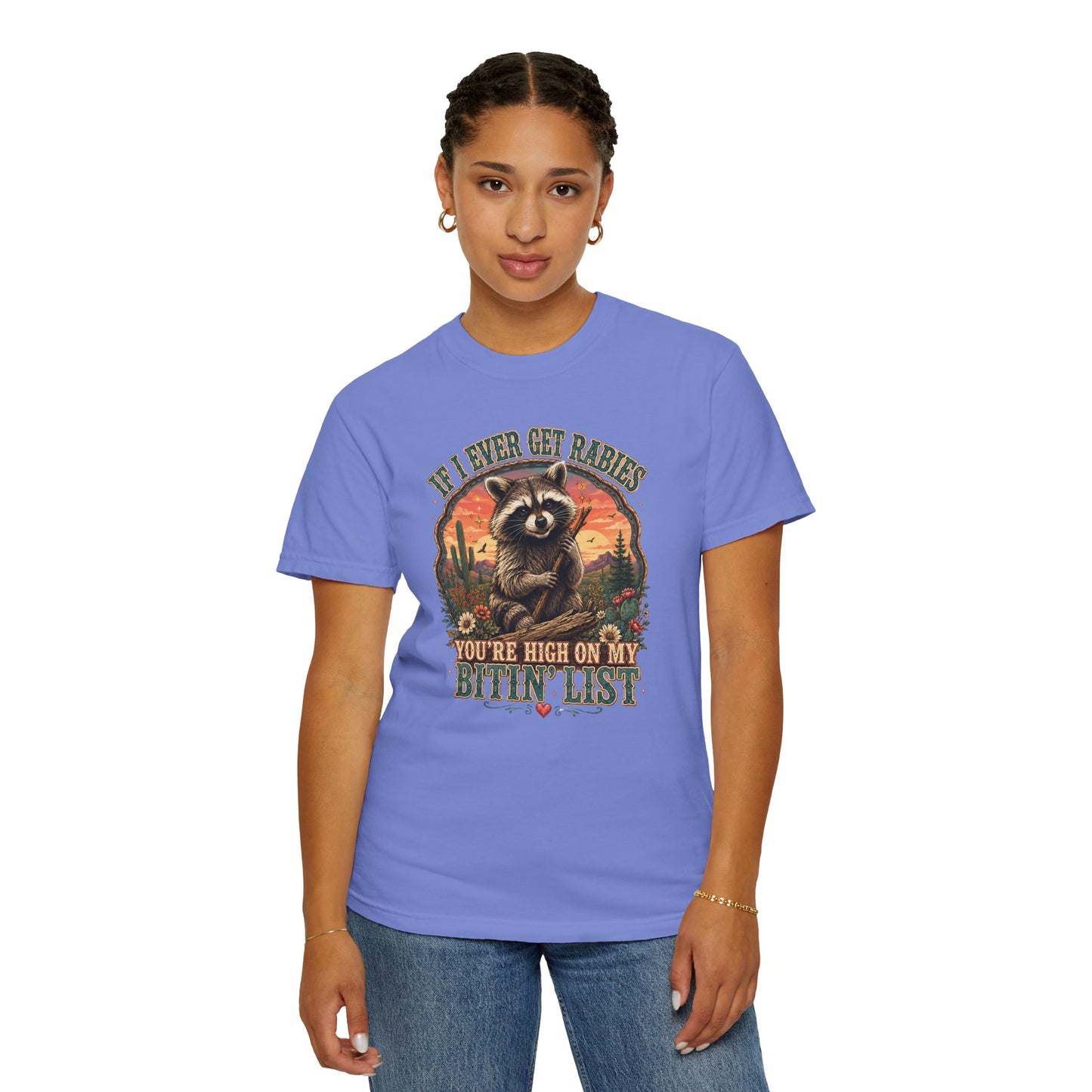 Raccoon Sunset T‑Shirt — “If I Ever Get Riches You’re High On My Bitin’ List” Funny Retro Graphic Tee
