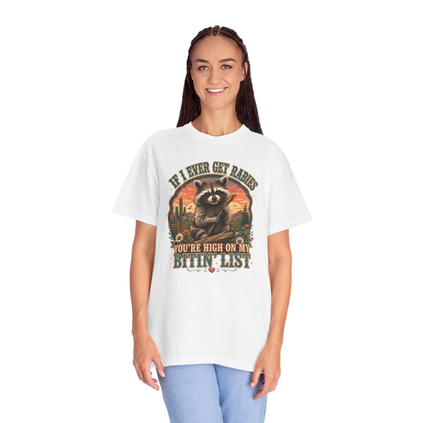 Raccoon Sunset T‑Shirt — “If I Ever Get Riches You’re High On My Bitin’ List” Funny Retro Graphic Tee