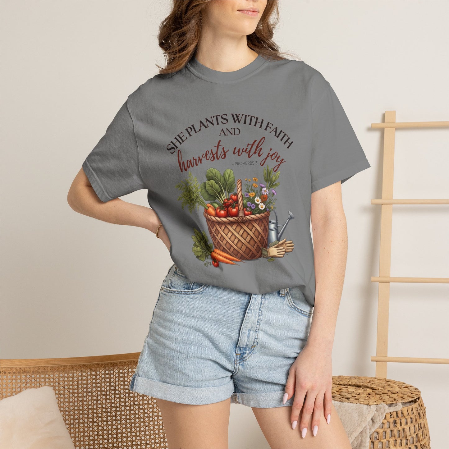 She Plants With Faith Garden T‑Shirt — Harvests With Joy Floral Basket Tee