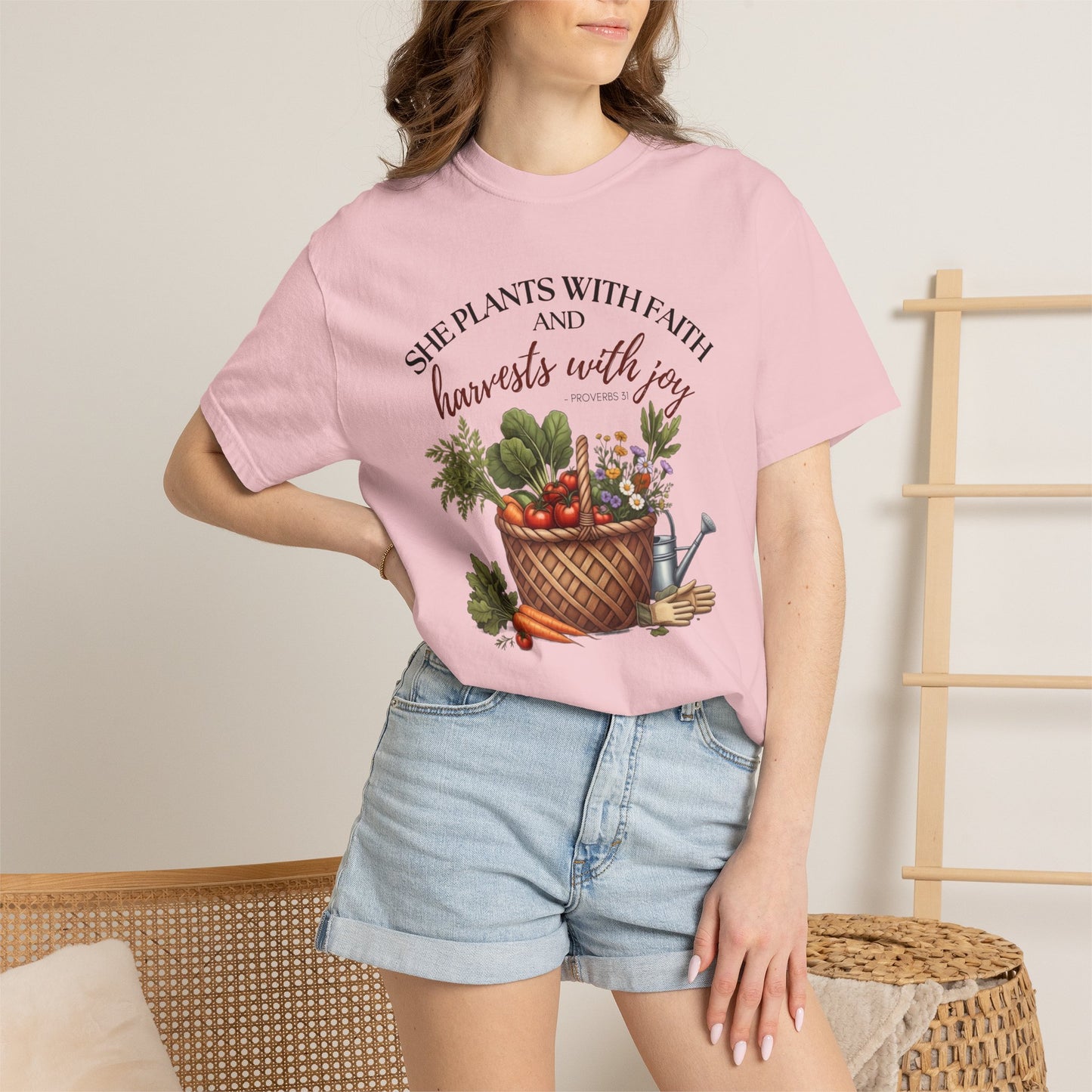 She Plants With Faith Garden T‑Shirt — Harvests With Joy Floral Basket Tee