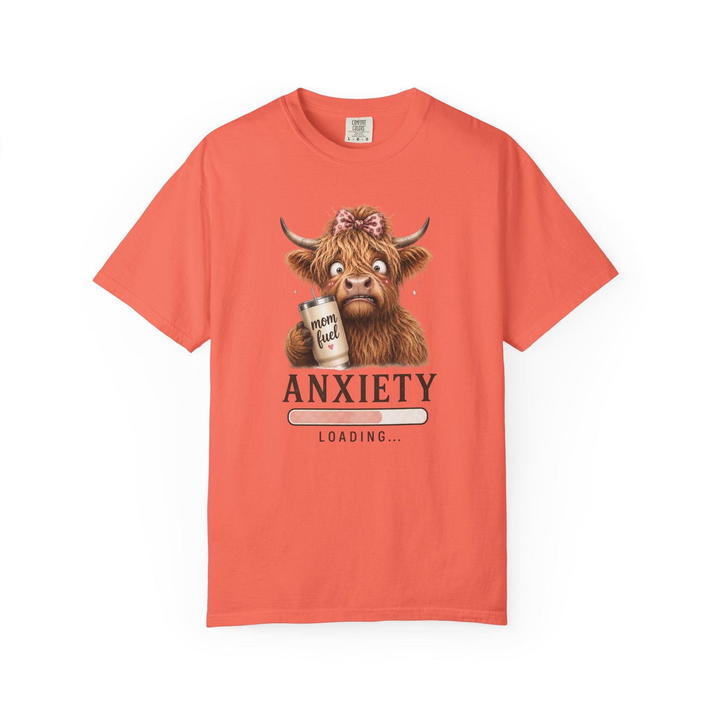 Anxiety Loading T-Shirt — Cute Highland Cow with 'Mom Fuel' Mug