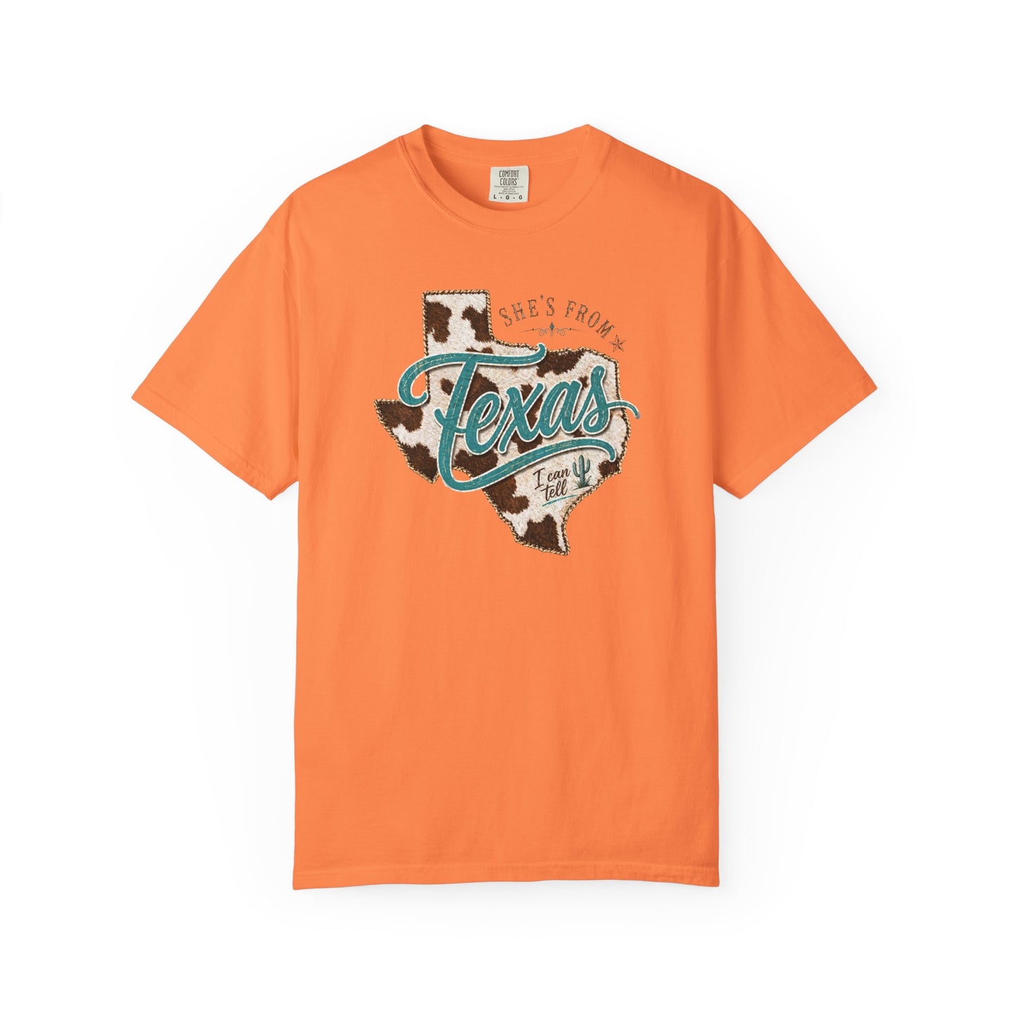 Texas Cowhide Graphic T-Shirt — "She's From Texas" Retro Western Tee