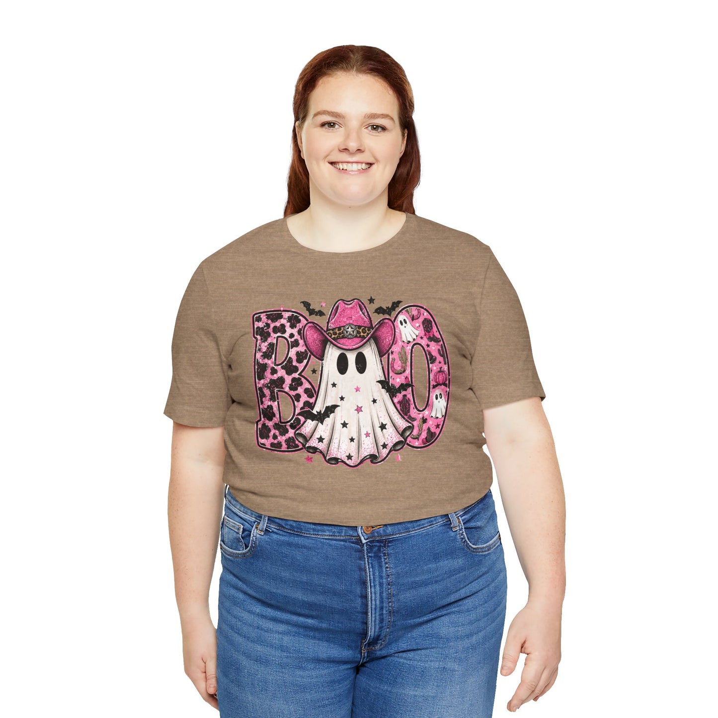 Boo Pink Leopard Ghost Tee — Cute Cowgirl Halloween T-Shirt