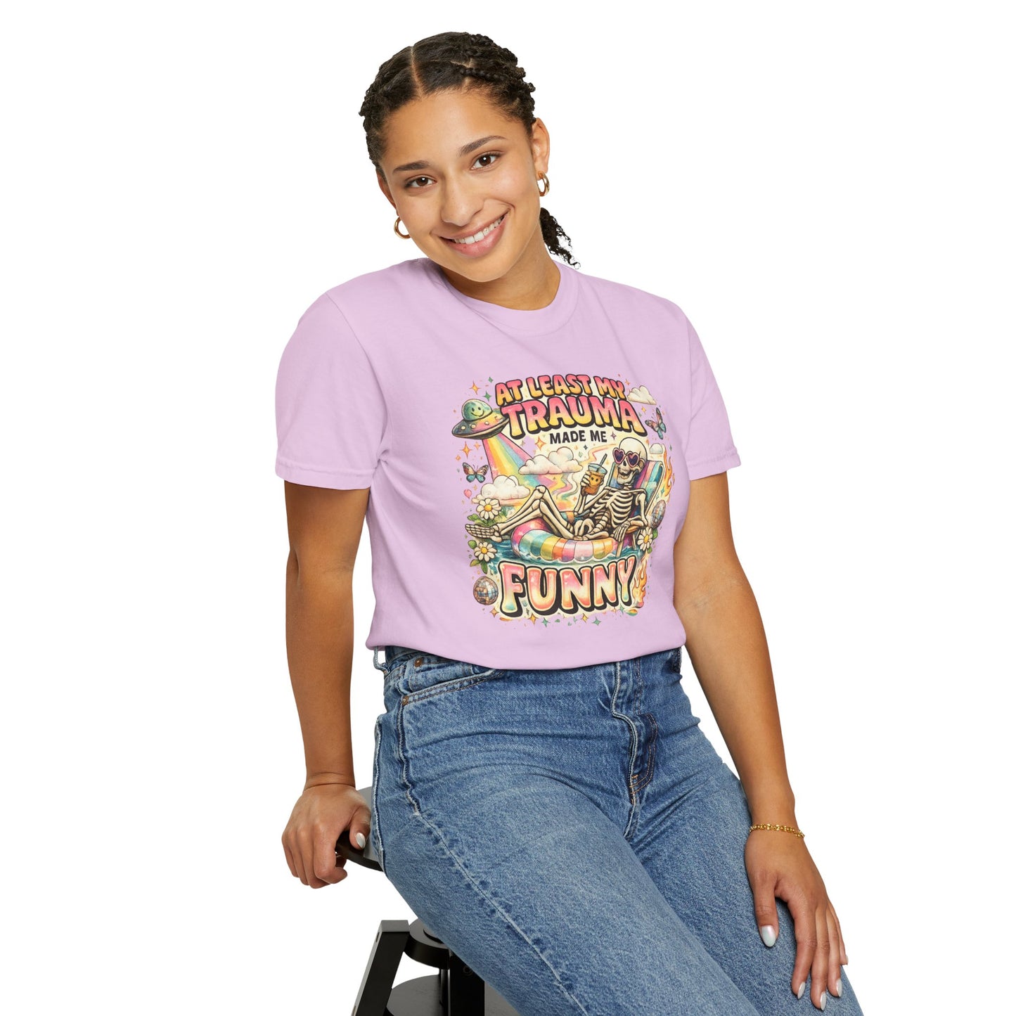 Funny Skeleton Graphic T-Shirt — "At Least My Trauma Made Me Funny"