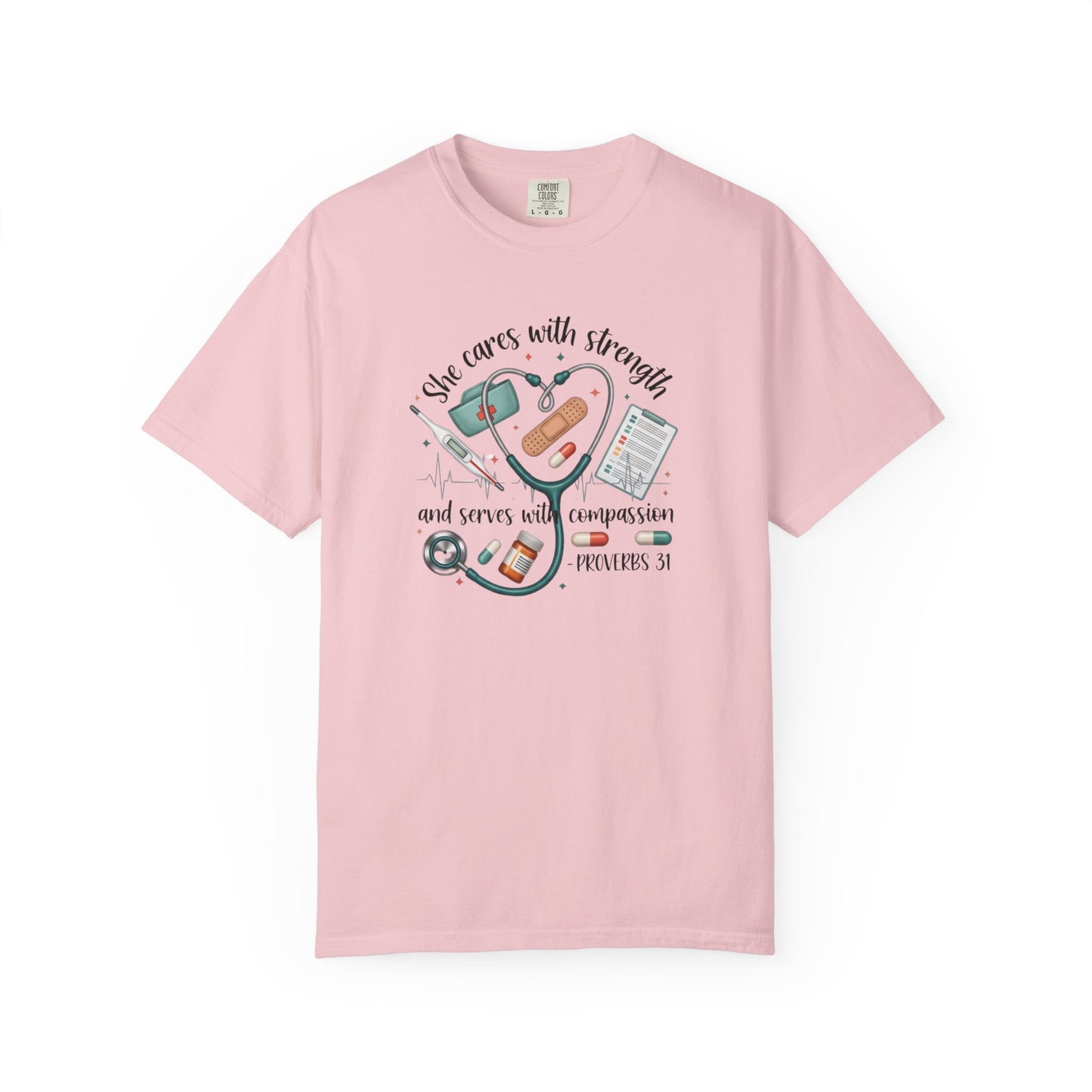 Nurse Heartbeat Graphic T-Shirt — "She Cares with Strength" Psalm 31 Christian Tee