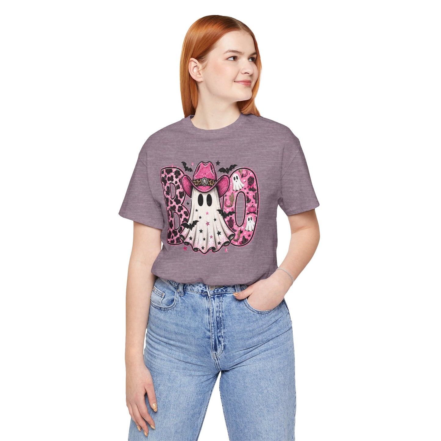 Boo Pink Leopard Ghost Tee — Cute Cowgirl Halloween T-Shirt