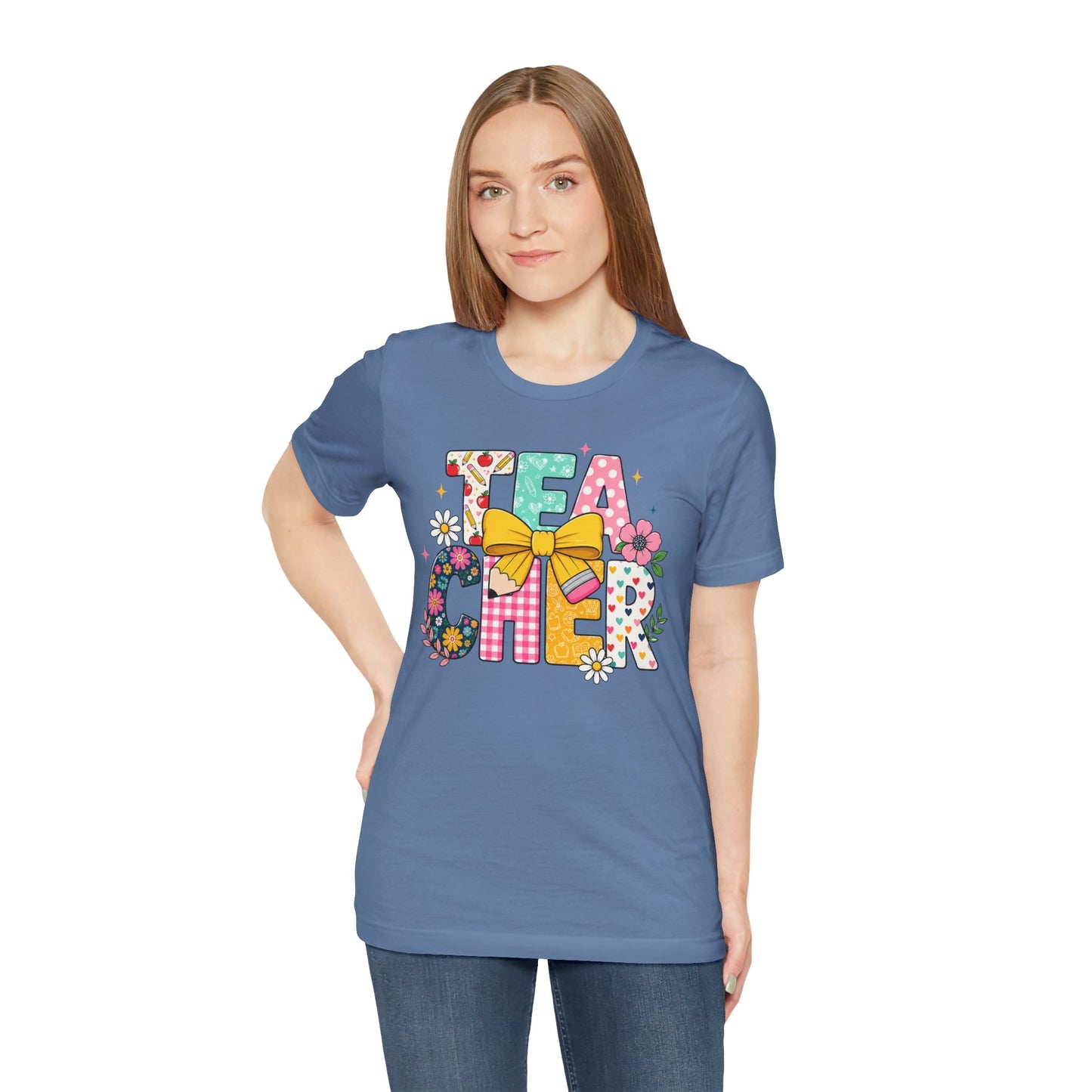 Teacher Floral Bow T-Shirt — Cute 'Teach er' Colorful School Shirt for Teachers