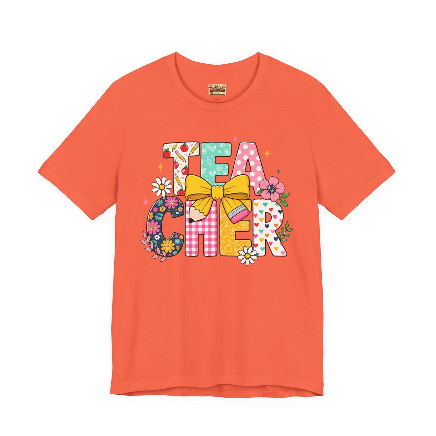 Teacher Floral Bow T-Shirt — Cute 'Teach er' Colorful School Shirt for Teachers