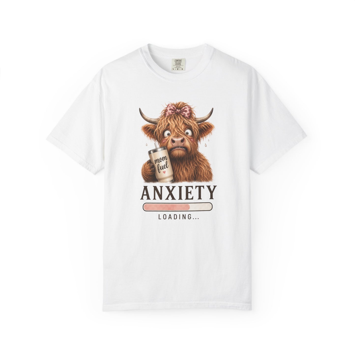 Anxiety Loading T-Shirt — Cute Highland Cow with 'Mom Fuel' Mug