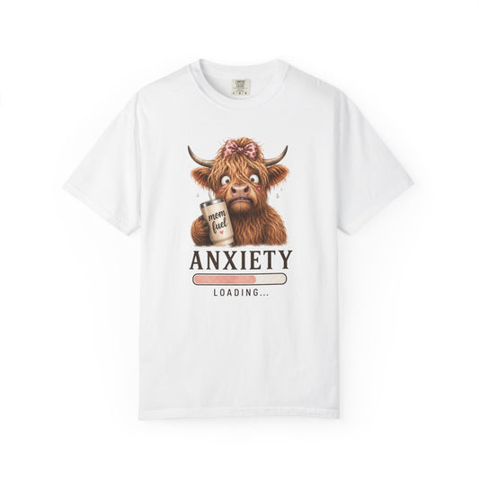 Anxiety Loading T-Shirt — Cute Highland Cow with 'Mom Fuel' Mug