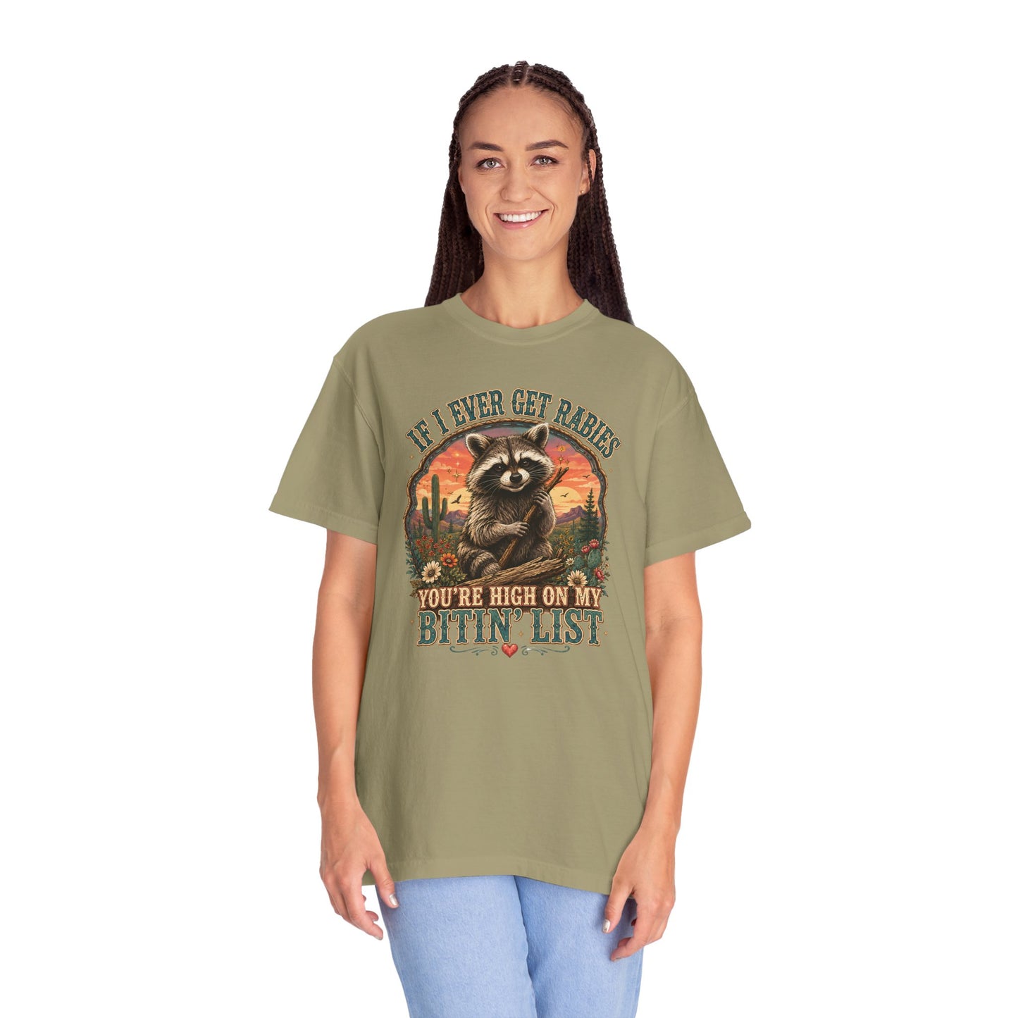 Raccoon Sunset T‑Shirt — “If I Ever Get Riches You’re High On My Bitin’ List” Funny Retro Graphic Tee