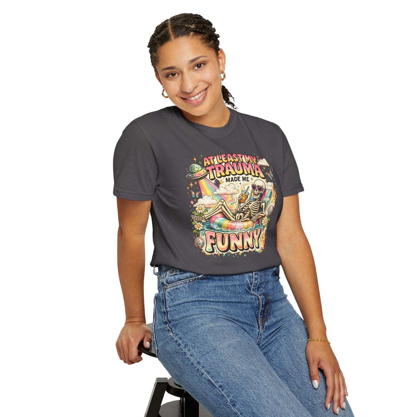 Funny Skeleton Graphic T-Shirt — "At Least My Trauma Made Me Funny"