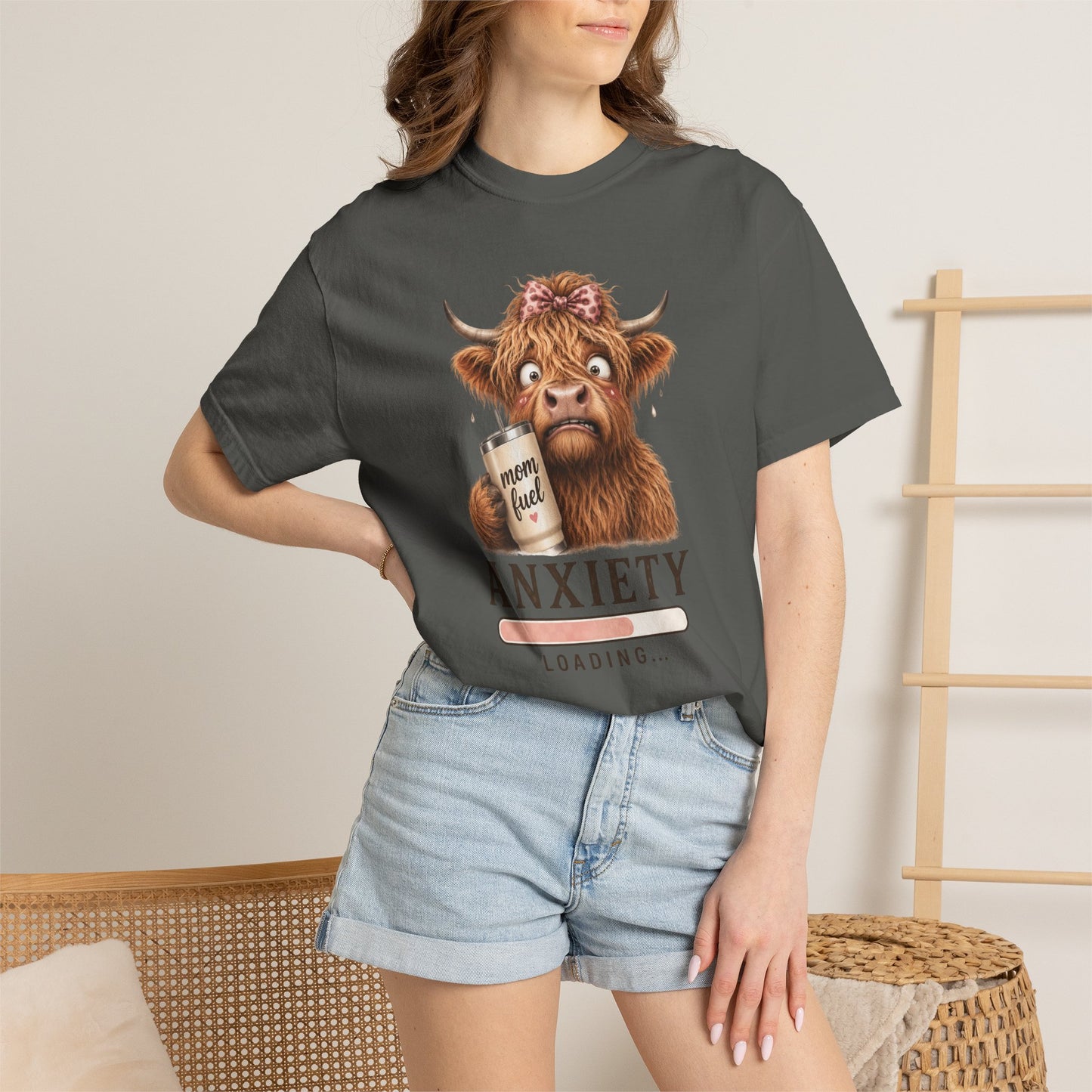 Anxiety Loading T-Shirt — Cute Highland Cow with 'Mom Fuel' Mug